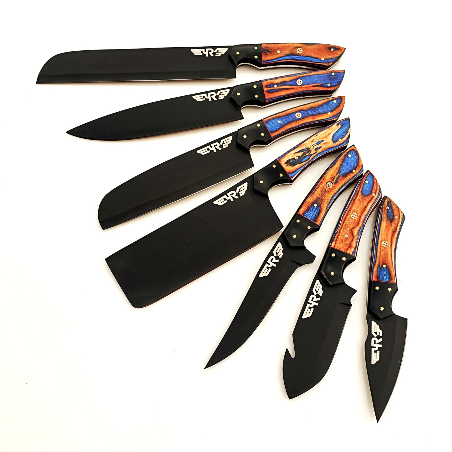 Blackened High Carbon Steel 7 piece knife set with wooden handles by Ruddock Bros El Paso Texas Ruddock Shirts