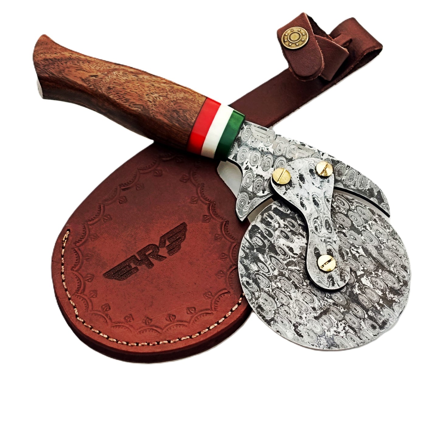 Damascus Steel Pizza Cutter with hardwood handle by Ruddock Bros El Paso Texas USA Ruddock Shirt
