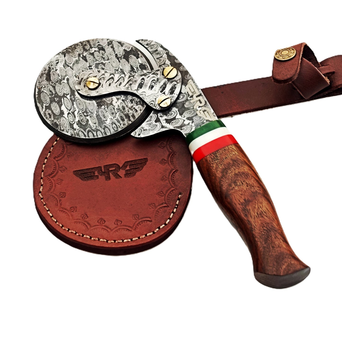 Damascus Steel Pizza Cutter with hardwood handle by Ruddock Bros El Paso Texas USA Ruddock Shirt