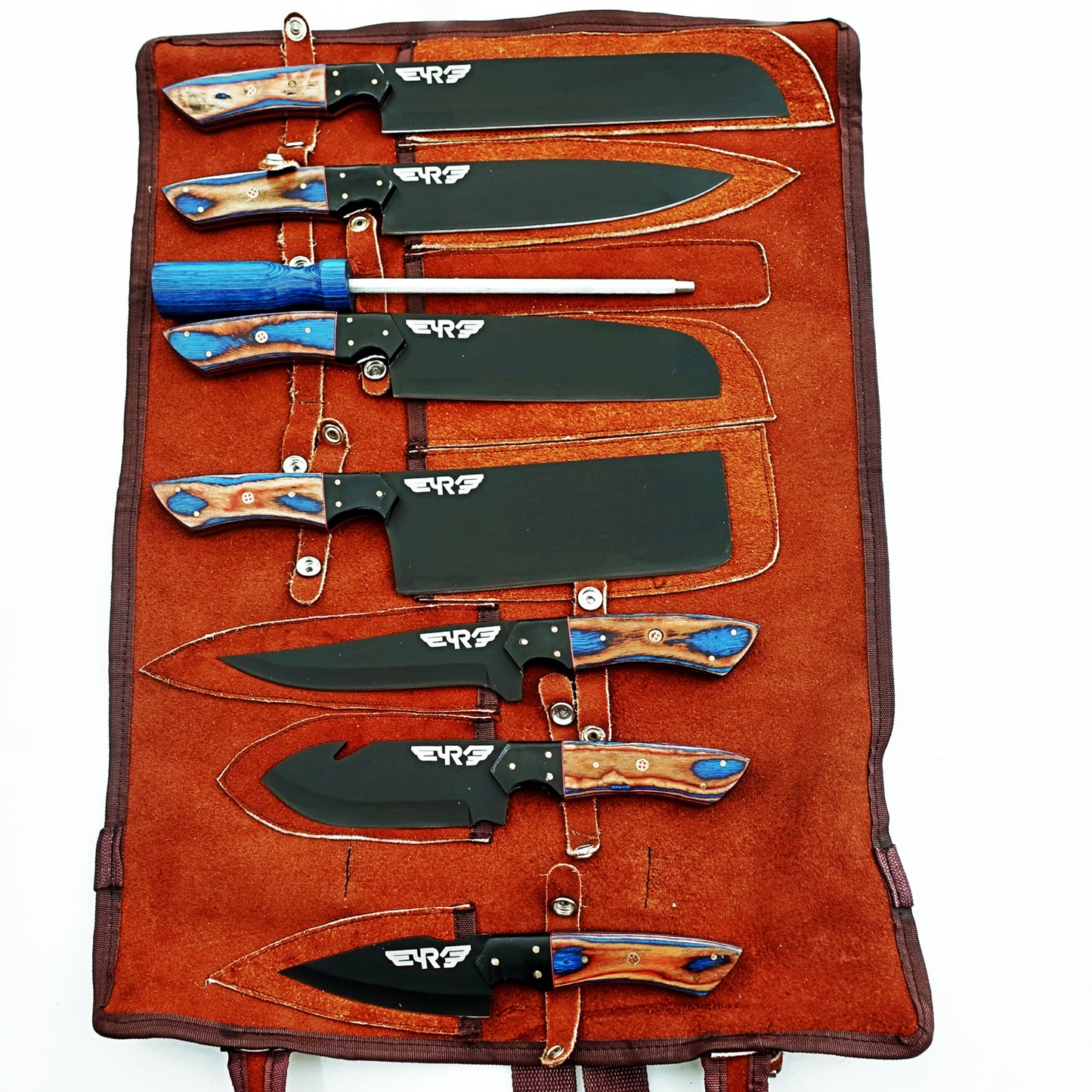 Blackened High Carbon Steel 7 piece knife set with wooden handles by Ruddock Bros El Paso Texas Ruddock Shirts
