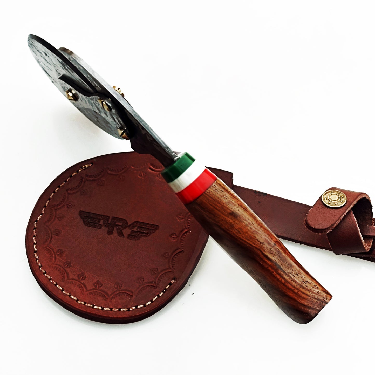 Damascus Steel Pizza Cutter with hardwood handle by Ruddock Bros El Paso Texas USA Ruddock Shirt