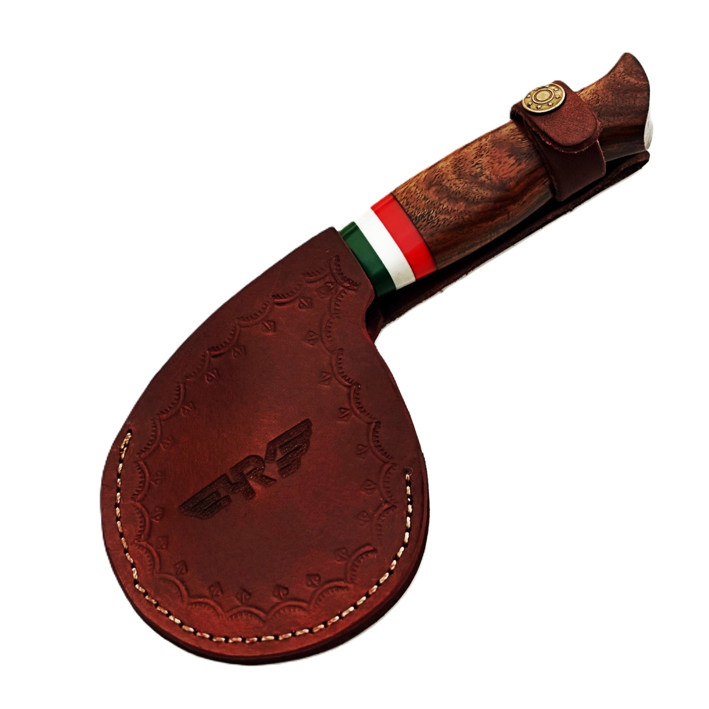 Damascus Steel Pizza Cutter with hardwood handle by Ruddock Bros El Paso Texas USA Ruddock Shirt