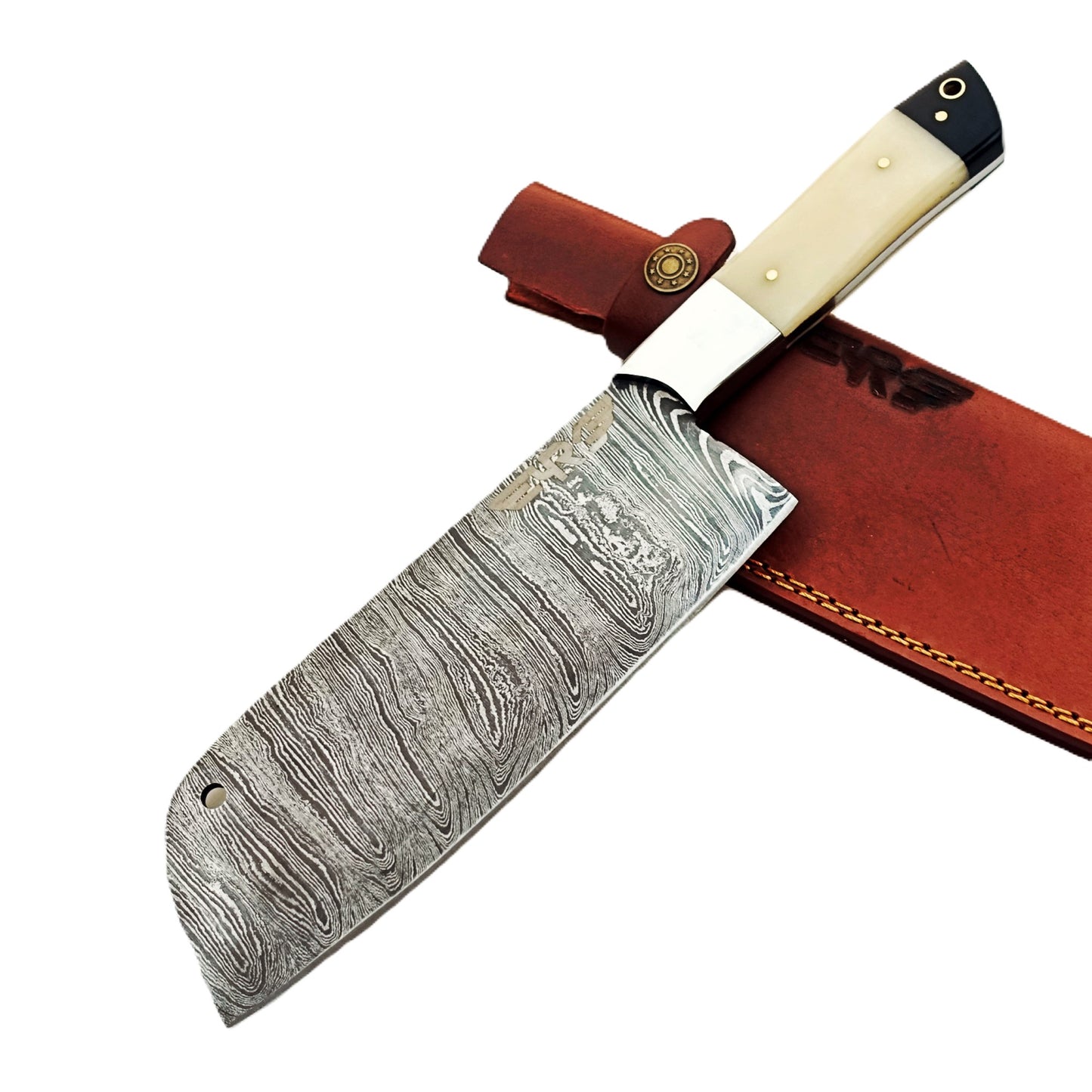 Damascus Steel Cleaver with hardwood and bone handle by Ruddock Bros El Paso Texas USA Ruddock Shirt