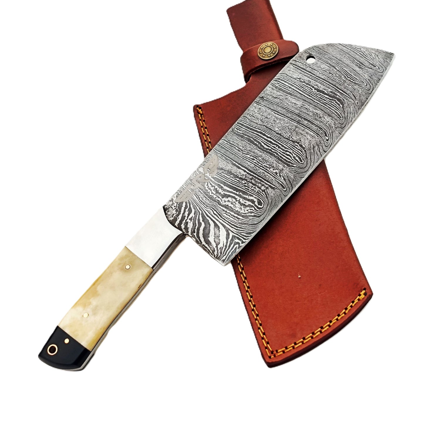 Damascus Steel Cleaver with hardwood and bone handle by Ruddock Bros El Paso Texas USA Ruddock Shirt