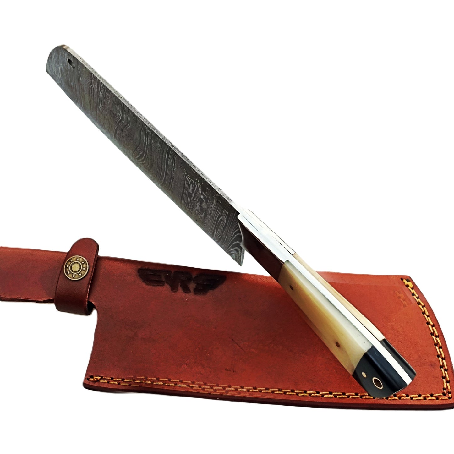 Damascus Steel Cleaver with hardwood and bone handle by Ruddock Bros El Paso Texas USA Ruddock Shirt