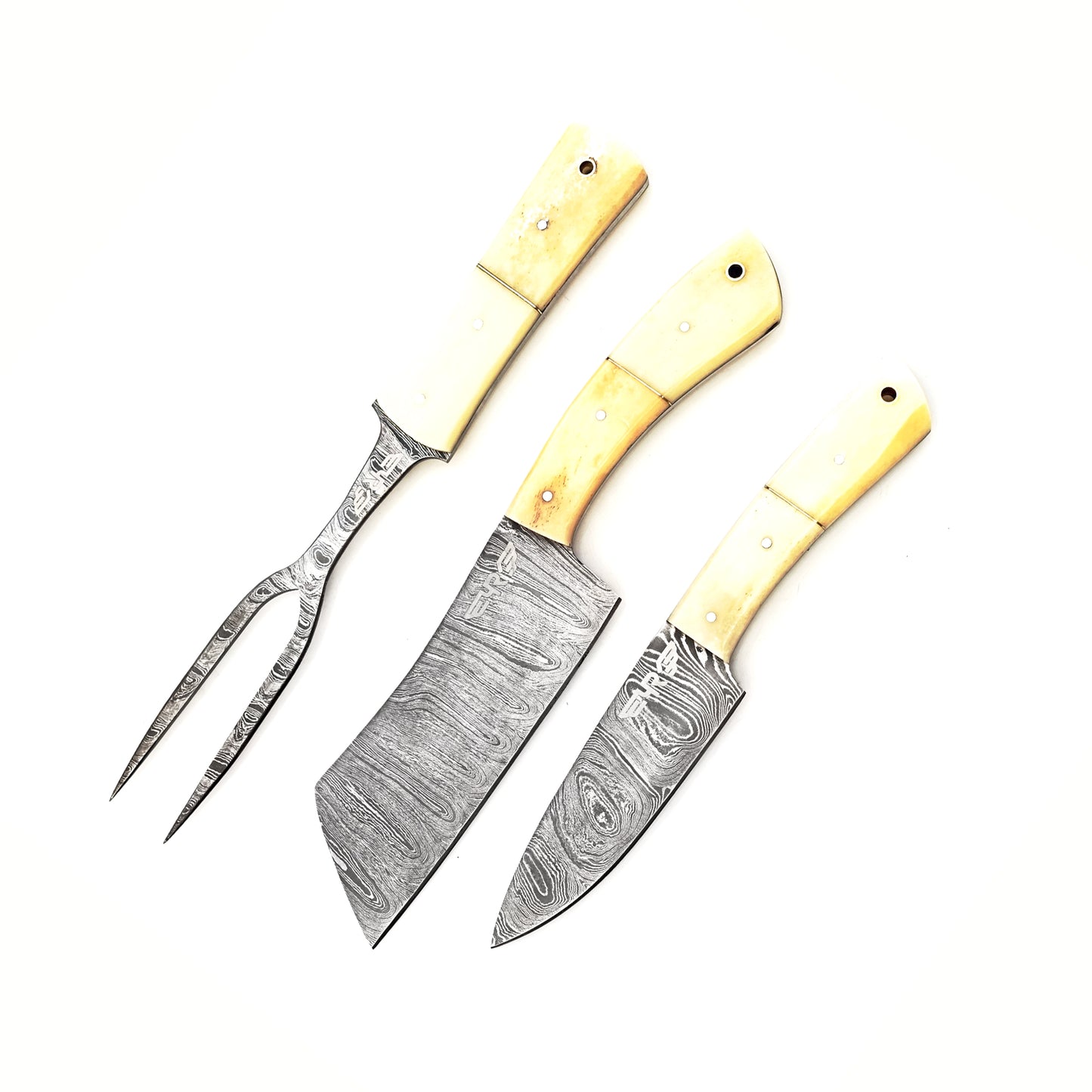 Ruddock Bros 3 piece carving set with natural bone handles and Damascus Steel blades Ruddock El Paso Texas