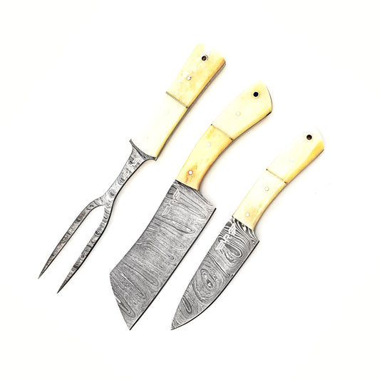 Ruddock Bros 3 piece carving set with natural bone handles and Damascus Steel blades Ruddock El Paso Texas