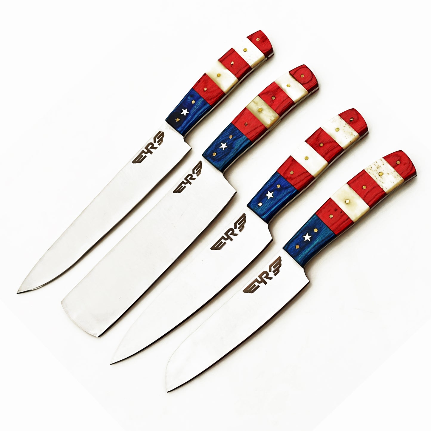 Stainless steel four piece knife set with patriotic handles with bone and hardwood by Ruddock Bros El Paso Texas Ruddock Shirts