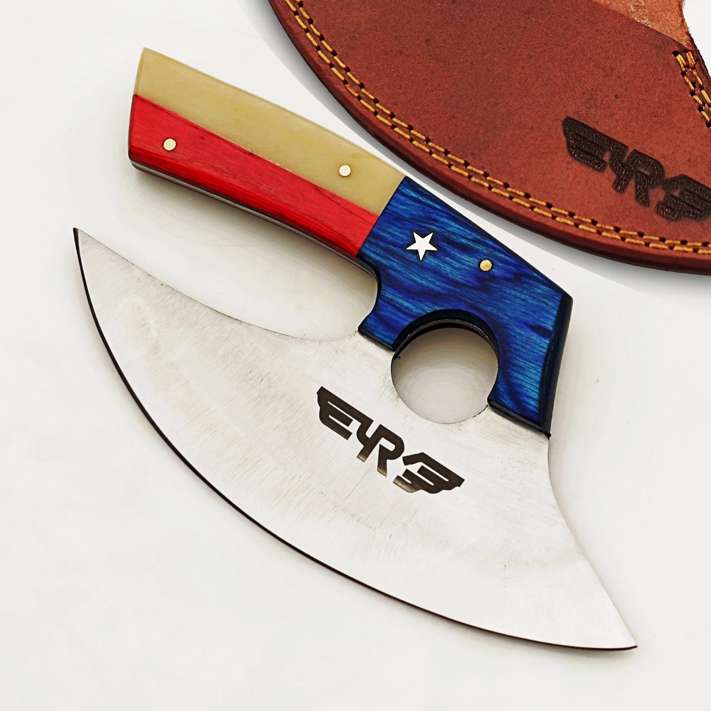 Stainless steel ulu rounded blade knife with lone star handle made with bone and hardwood by Ruddock Bros El Paso Texas Ruddock Shirts with leather carry pouch