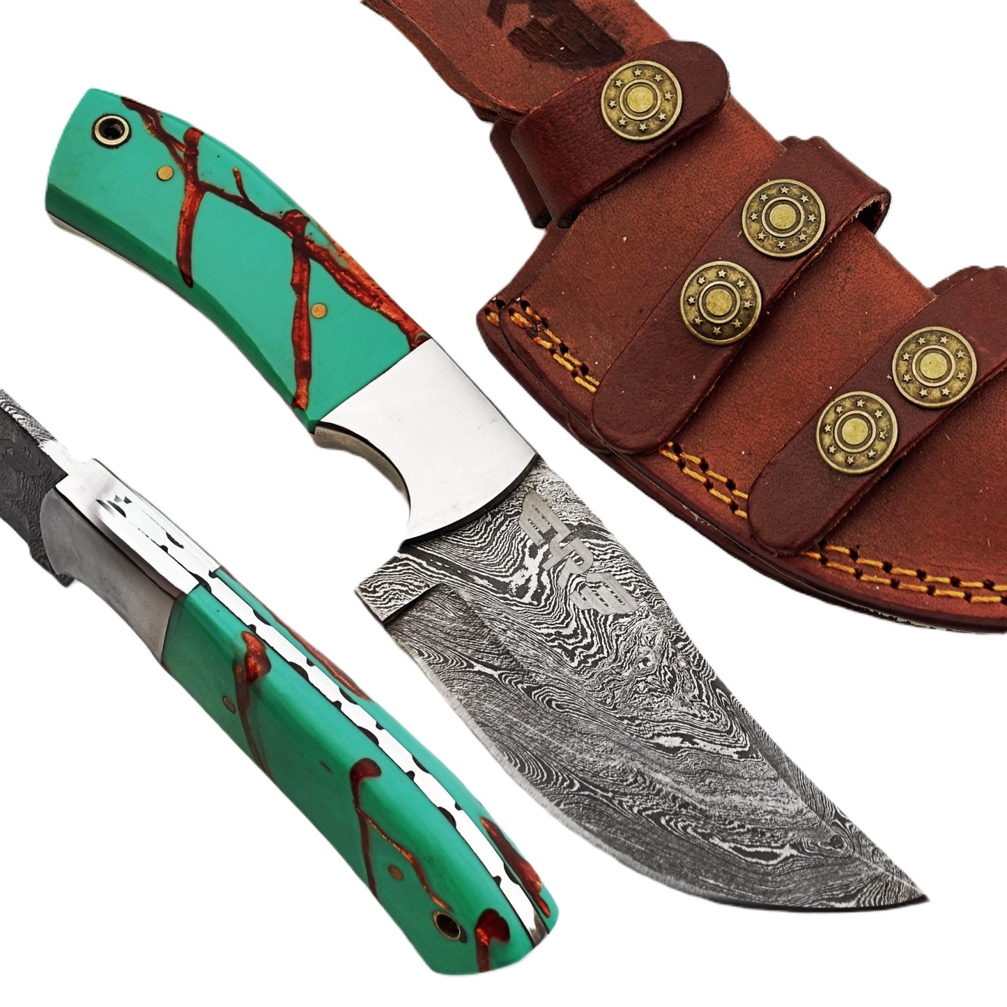 Damascus steel fixed blade knife with resin handle in turquoise with brown accents by Ruddock Bros El Paso TX