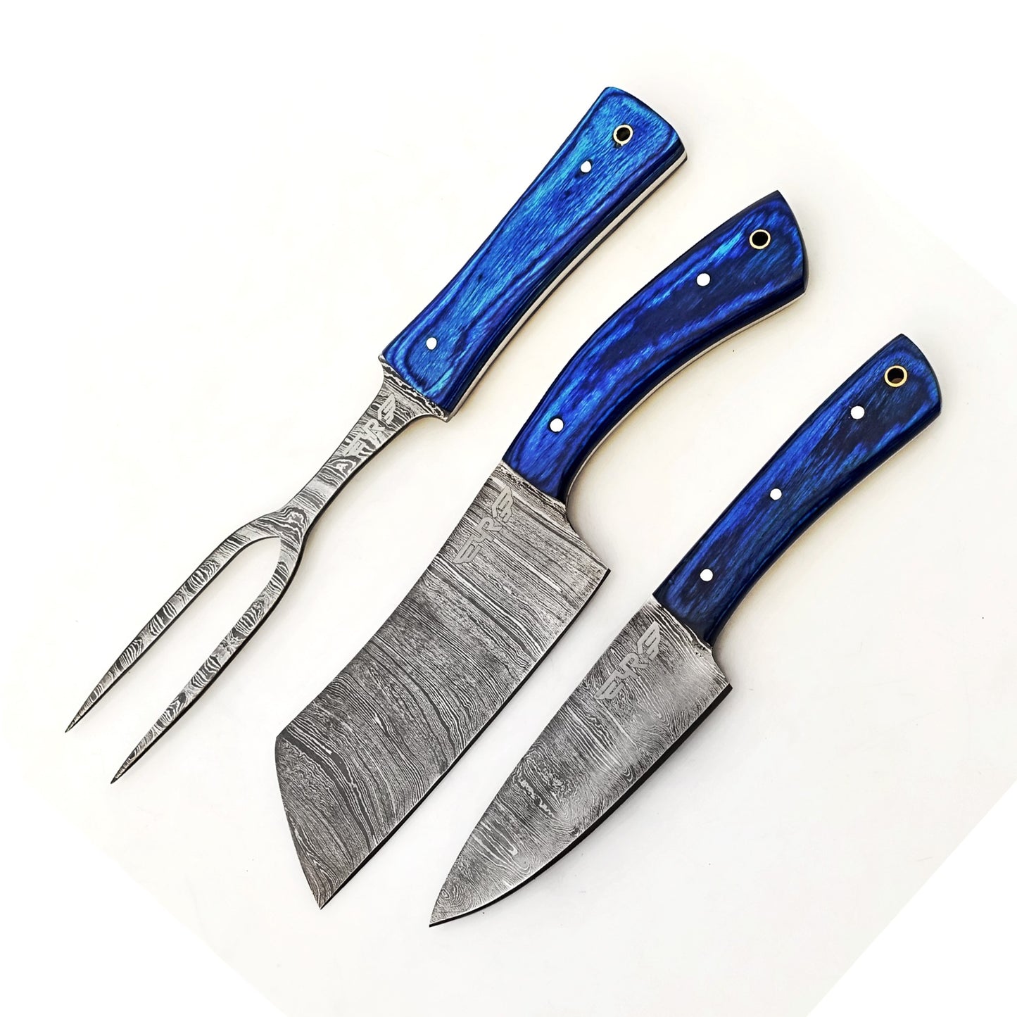Ruddock Bros 3 piece carving set with blue hardwood handles and Damascus Steel blades Ruddock El Paso Texas