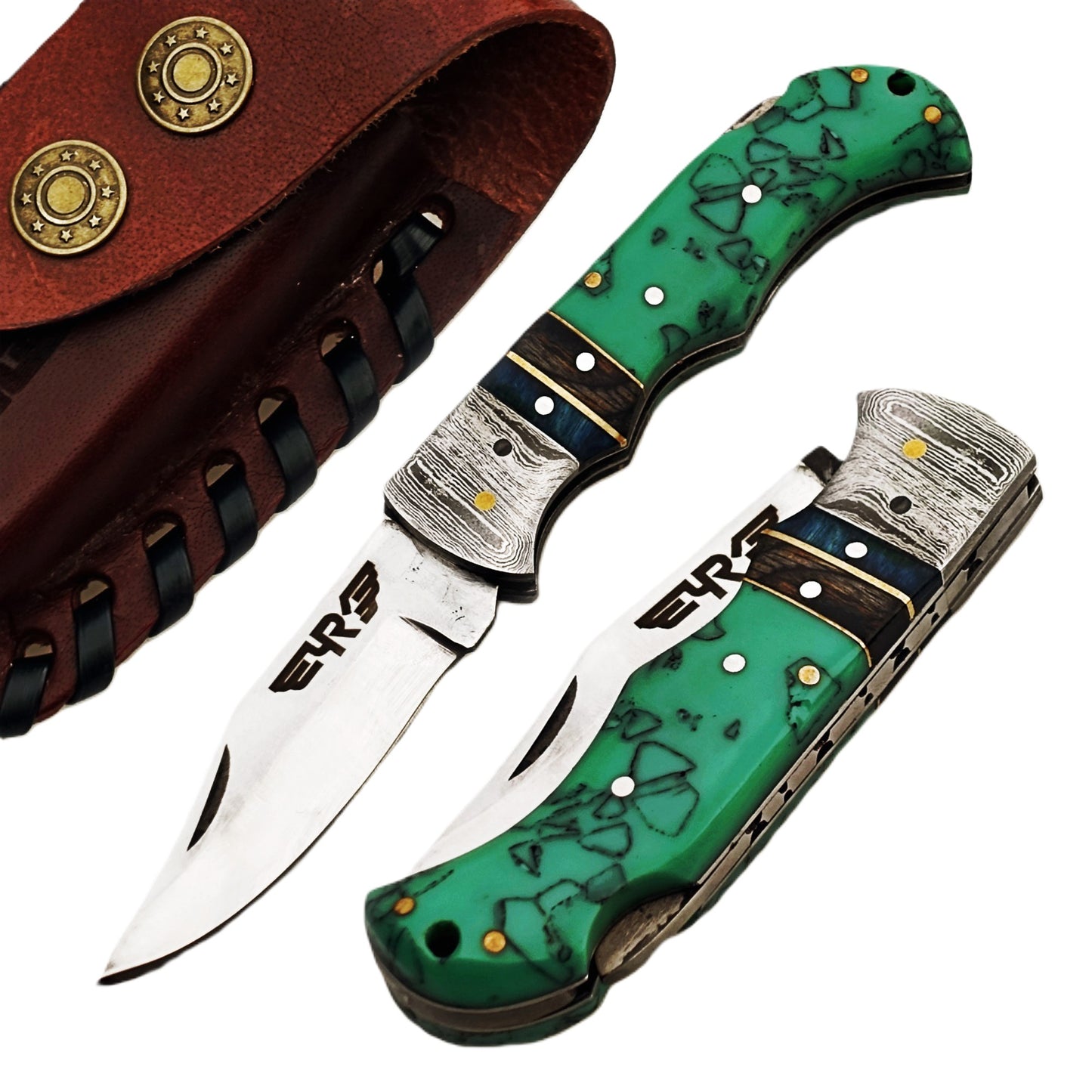 Ruddock Bros folding knife with plastic resin handle in green pattern and Damascus steel with stainless steel blade with leather sheath Ruddock El Paso Texas