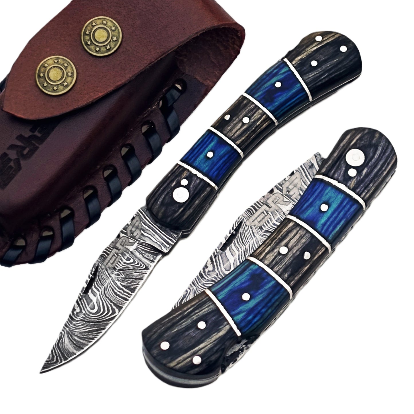 Ruddock Bros Folding Knife with leather sheath damascus steel and hardwood handle Ruddock El Paso Texas USA