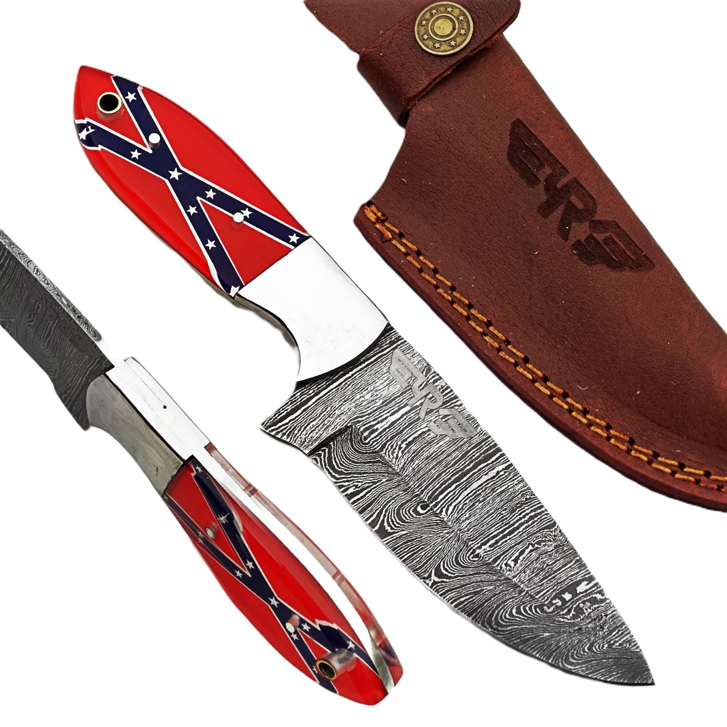 Ruddock Bros fixed blade knife with plastic resin handle with rebel flag design and Damascus steel blade includes leather sheath Ruddock El Paso Texas