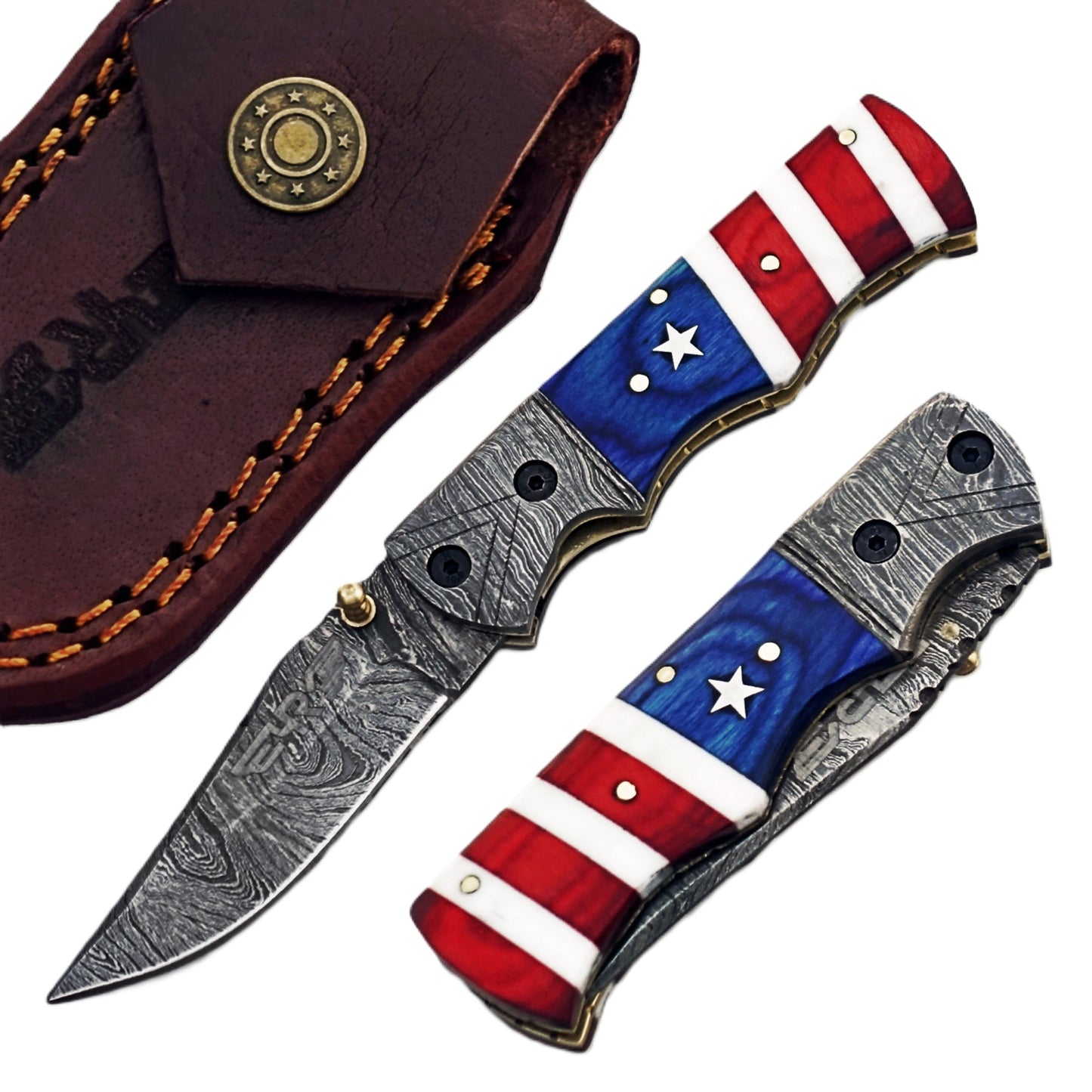 Ruddock Bros folding knife with natural bone and wood handle with Damascus steel blade with leather sheath Ruddock El Paso Texas