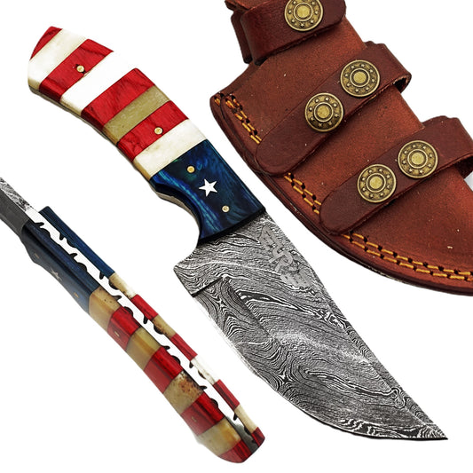 Ruddock Bros fixed blade knife with natural bone and hardwood handle and Damascus steel blade includes leather sheath Ruddock El Paso Texas