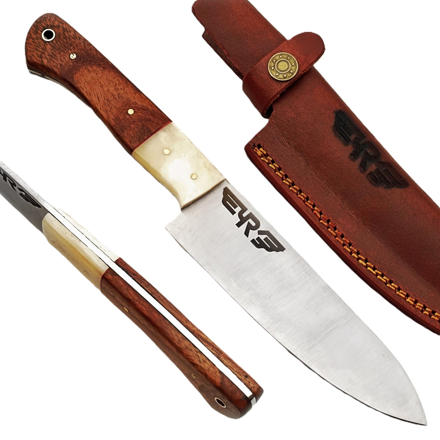 Stainless Steel Chef knife with hardwood and bone handle by Ruddock Bros El Paso Texas USA Ruddock Shirt