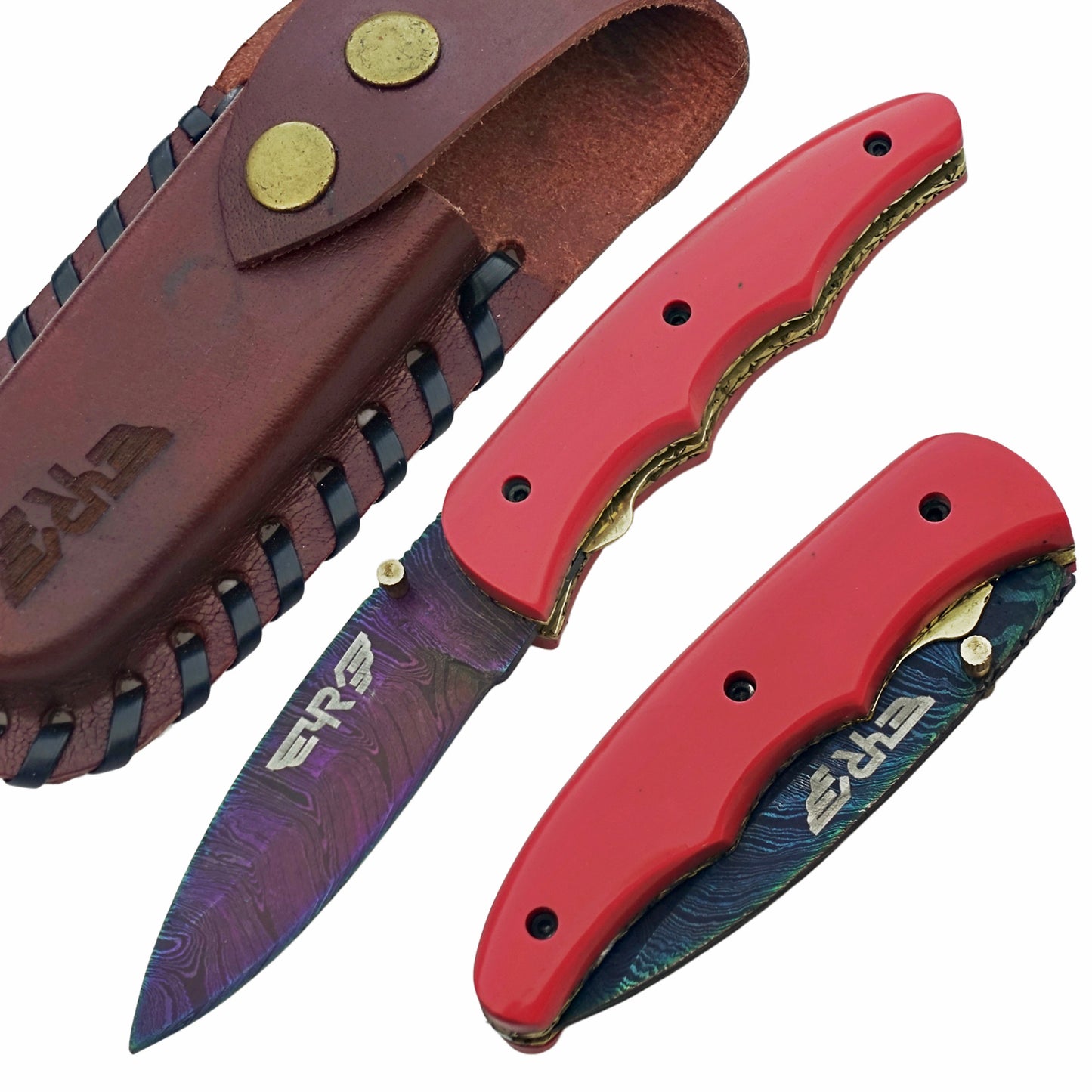 Ruddock Bros Damascus steel folding knife with acid wash blade and pink handle Ruddock El Paso Texas