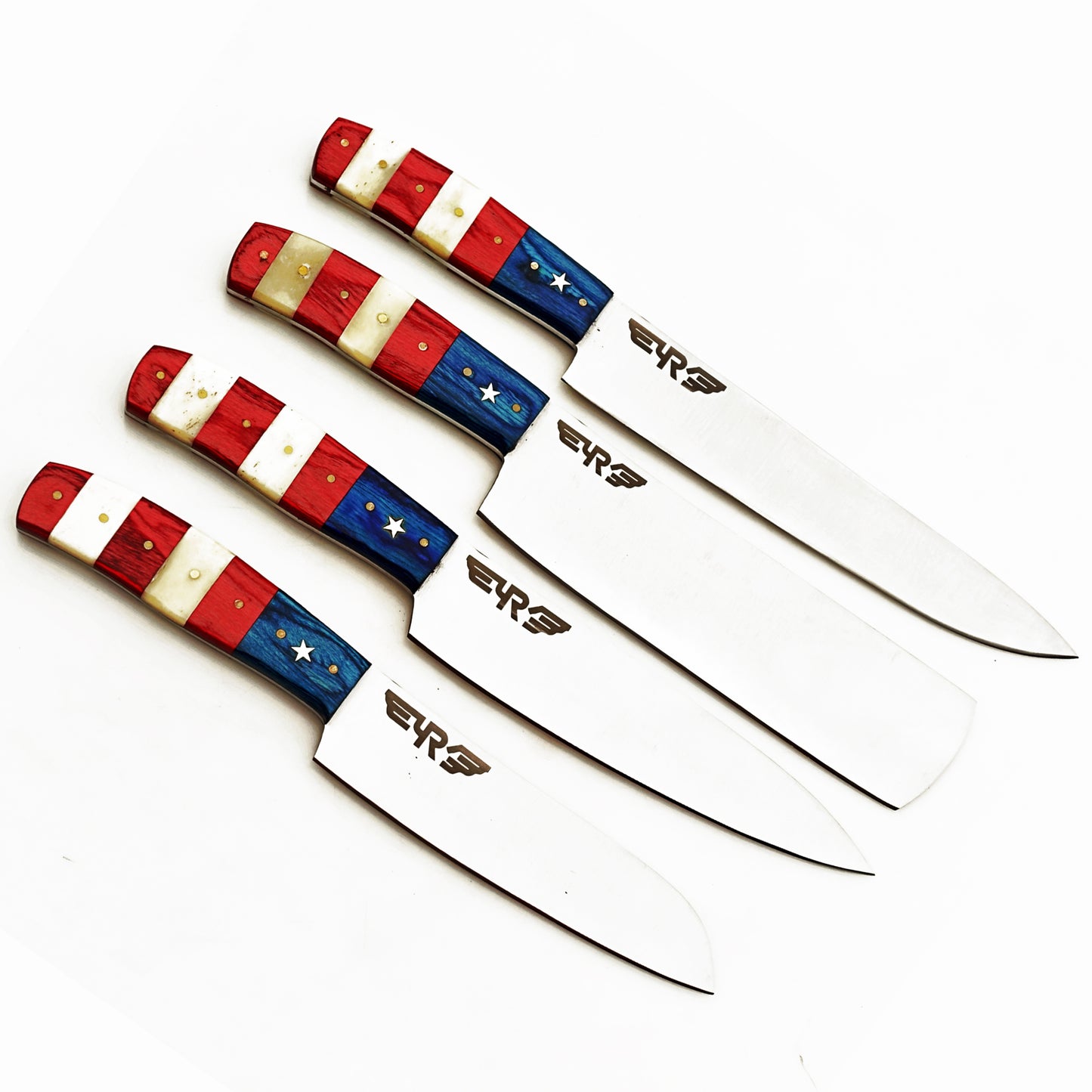 Stainless steel four piece knife set with patriotic handles with bone and hardwood by Ruddock Bros El Paso Texas Ruddock Shirts with leather carry pouch