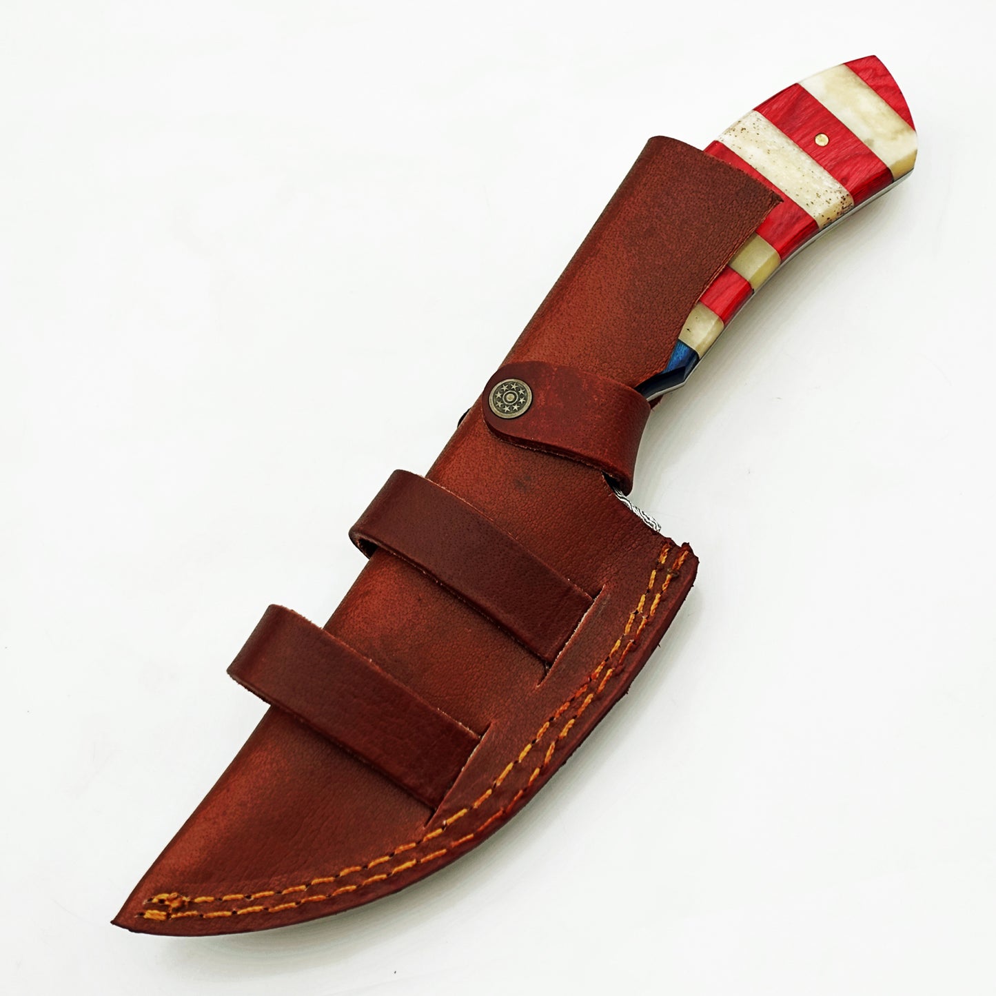 Ruddock Bros fixed blade knife with natural bone and hardwood handle and Damascus steel blade includes leather sheath Ruddock El Paso Texas