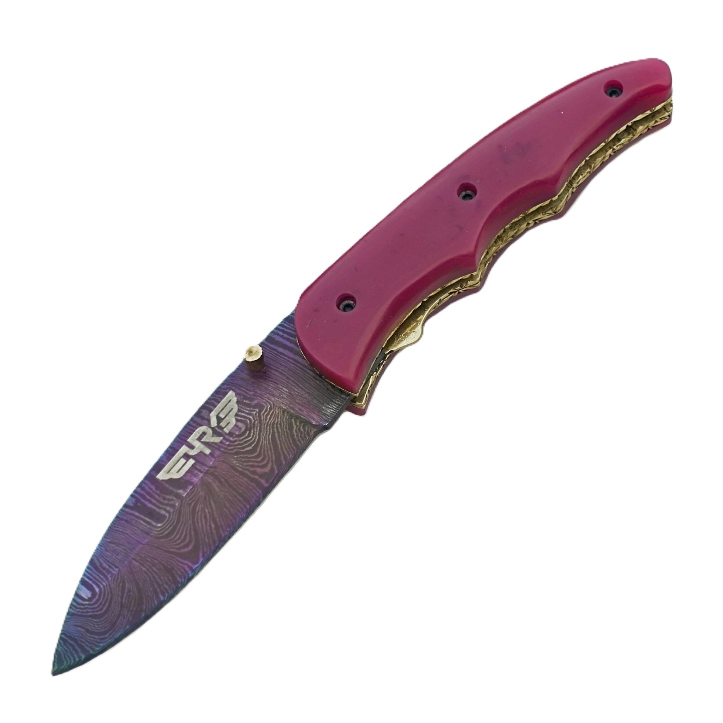 Ruddock Bros Damascus steel folding knife with acid wash blade and sangria purple handle Ruddock El Paso Texas