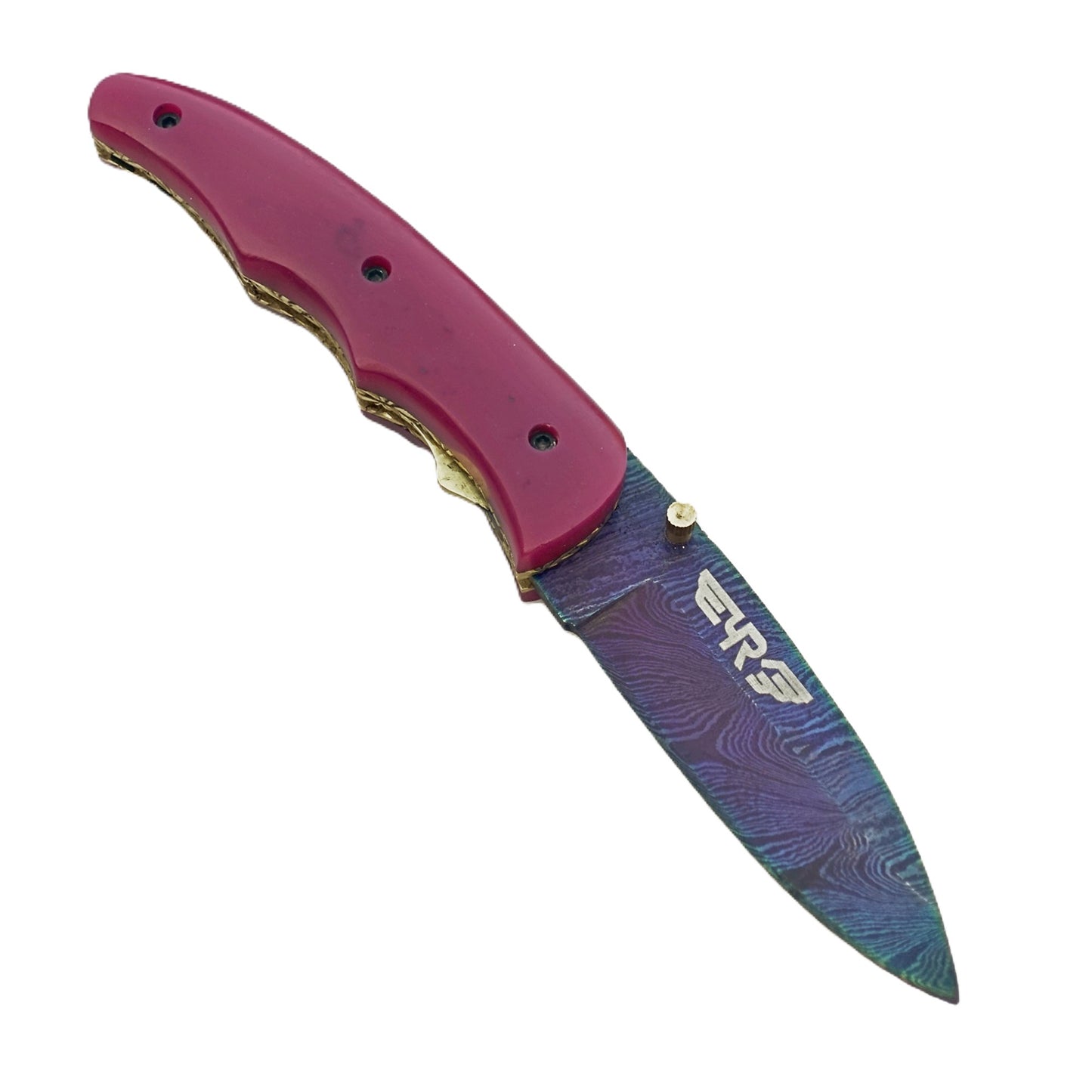 Ruddock Bros Damascus steel folding knife with acid wash blade and sangria purple handle Ruddock El Paso Texas