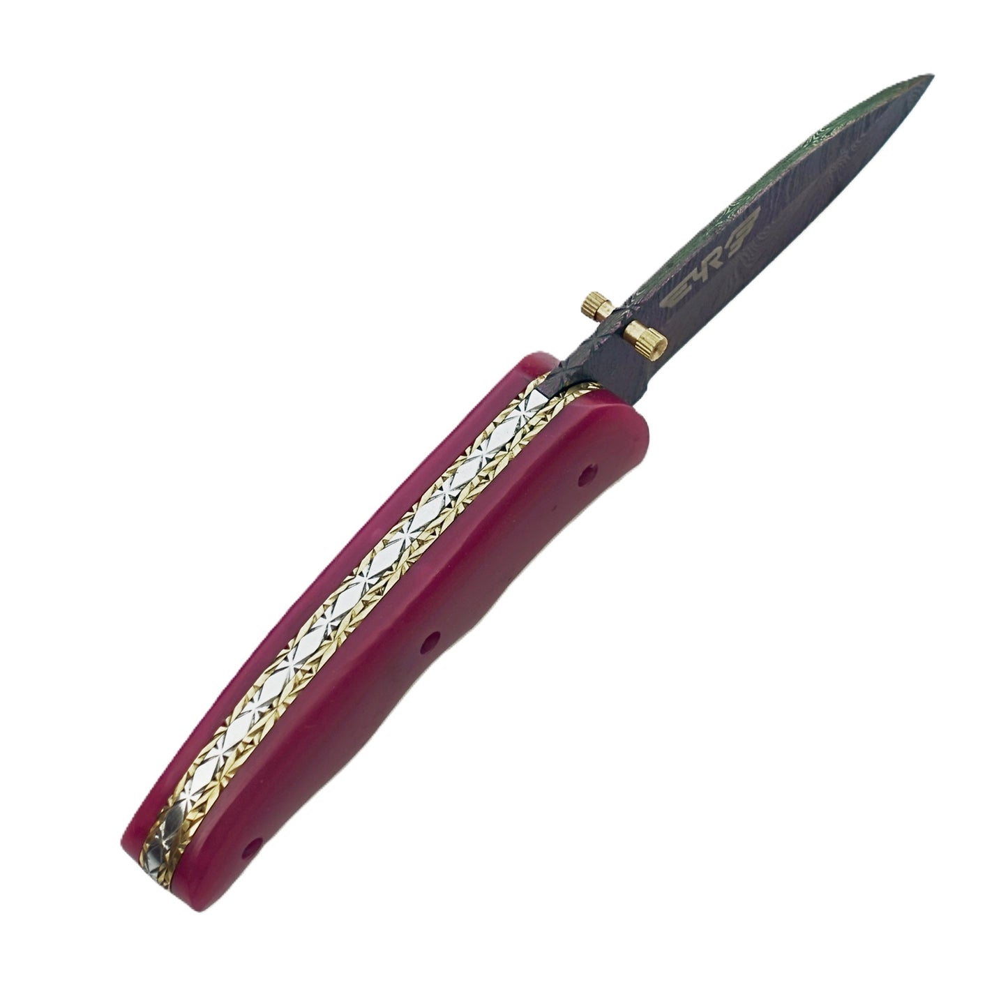 Ruddock Bros Damascus steel folding knife with acid wash blade and sangria purple handle Ruddock El Paso Texas