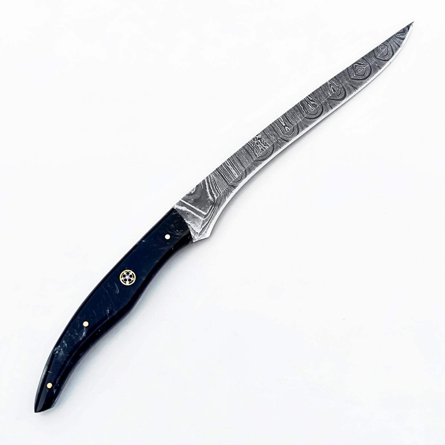 Fillet knife by Ruddock Bros with resin handle and Damascus steel blade