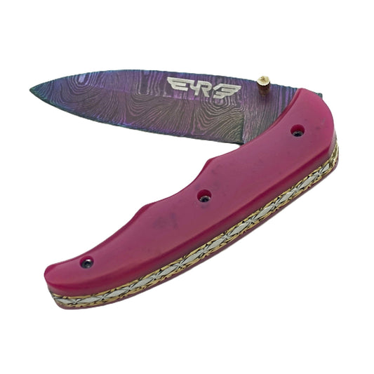 Ruddock Bros Damascus steel folding knife with acid wash blade and sangria purple handle Ruddock El Paso Texas