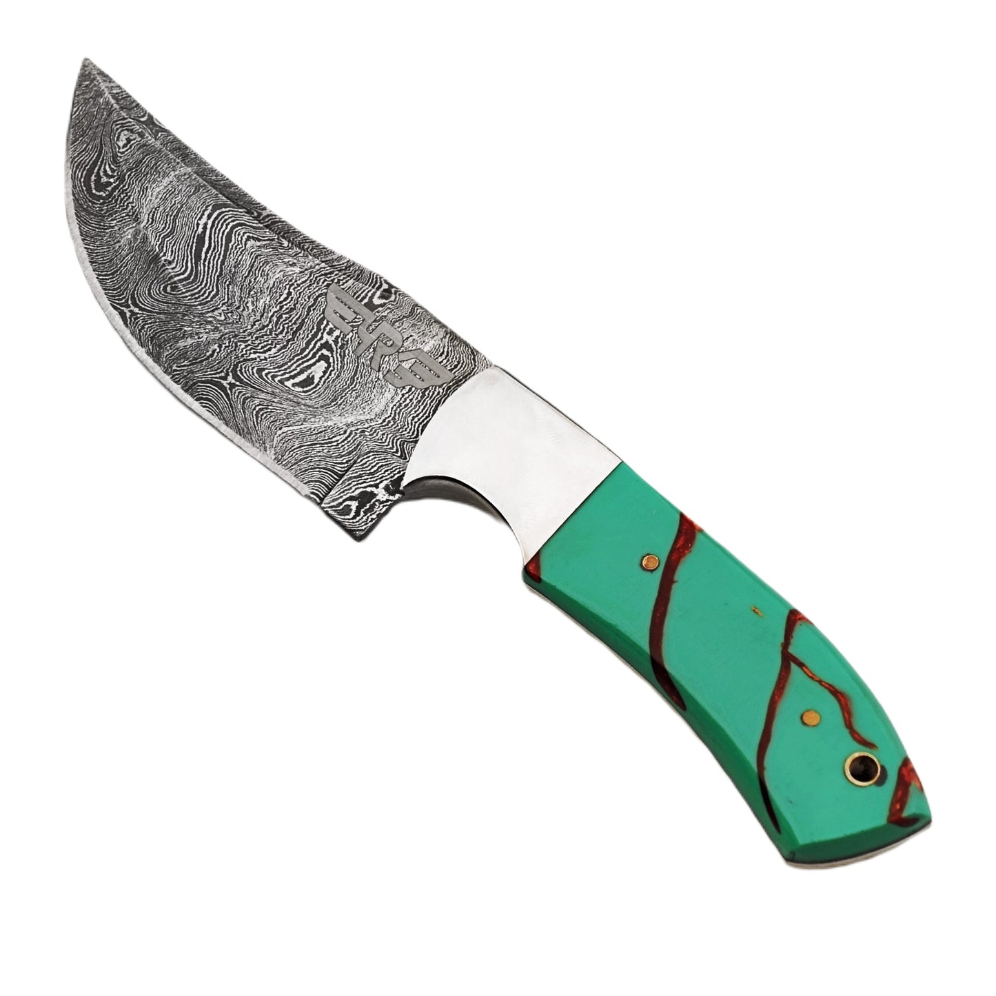 Damascus steel fixed blade knife with resin handle in turquoise with brown accents by Ruddock Bros El Paso TX