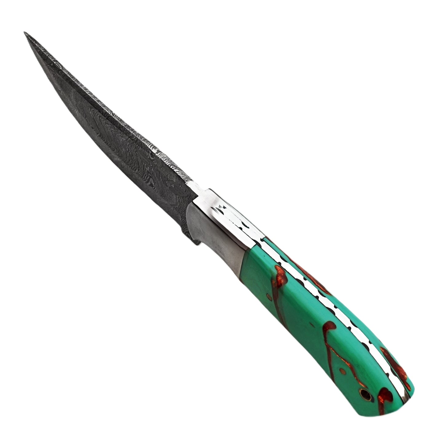 Damascus steel fixed blade knife with resin handle in turquoise with brown accents by Ruddock Bros El Paso TX