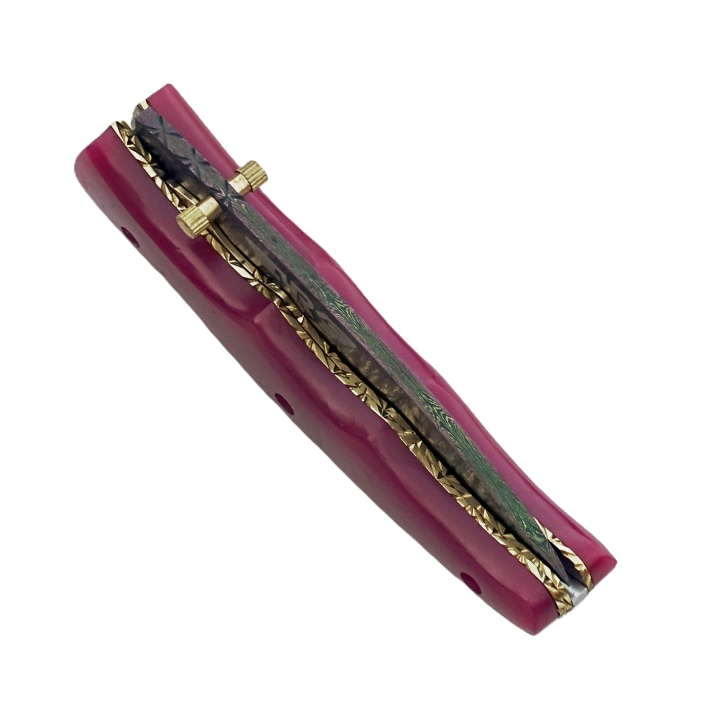 Ruddock Bros Damascus steel folding knife with acid wash blade and sangria purple handle Ruddock El Paso Texas