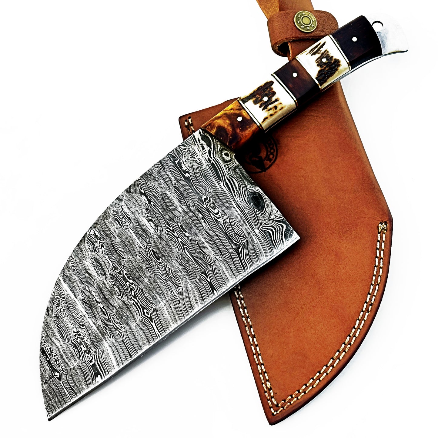 Serbian cleaver in Damascus steel with horn bone and wood handle by Ruddock Bros