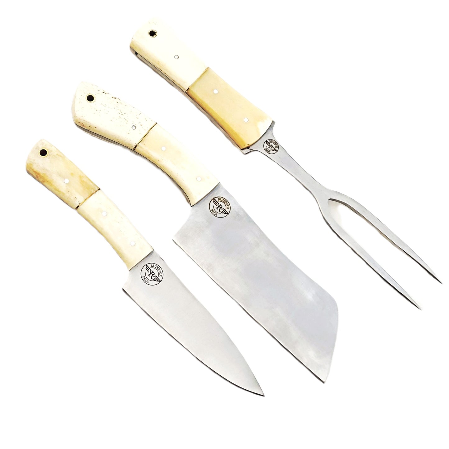 Ruddock Bros 3 piece carving set with natural bone handles and stainless Steel blades Ruddock El Paso Texas