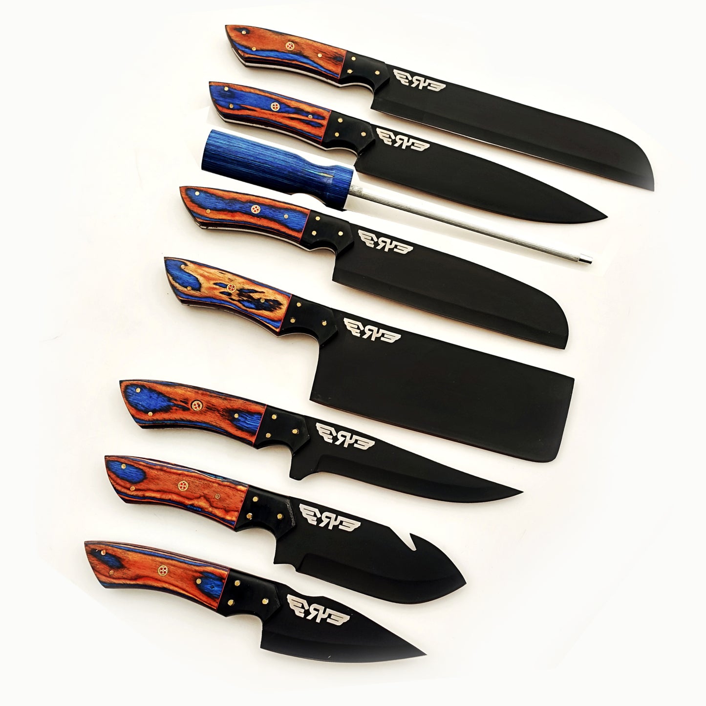 Blackened High Carbon Steel 7 piece knife set with wooden handles by Ruddock Bros El Paso Texas Ruddock Shirts