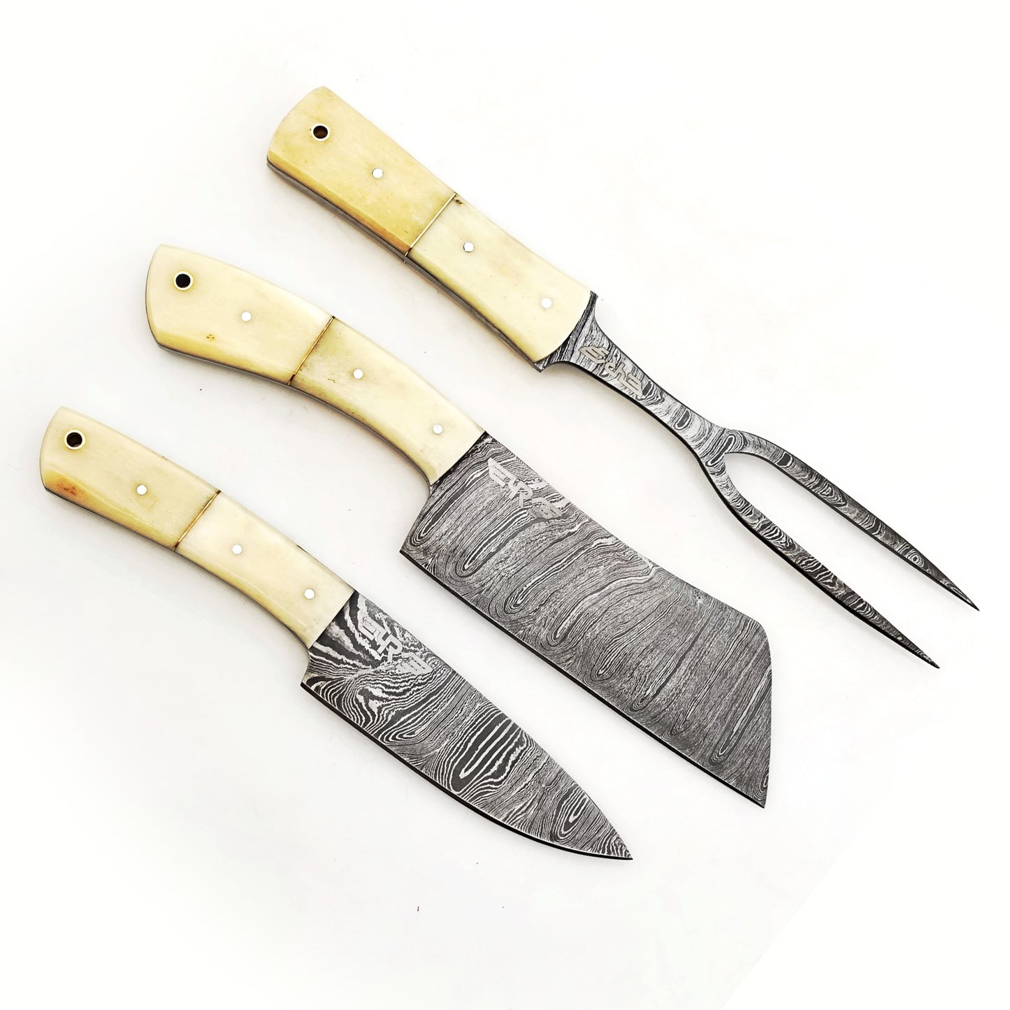 Ruddock Bros 3 piece carving set with natural bone handles and Damascus Steel blades Ruddock El Paso Texas