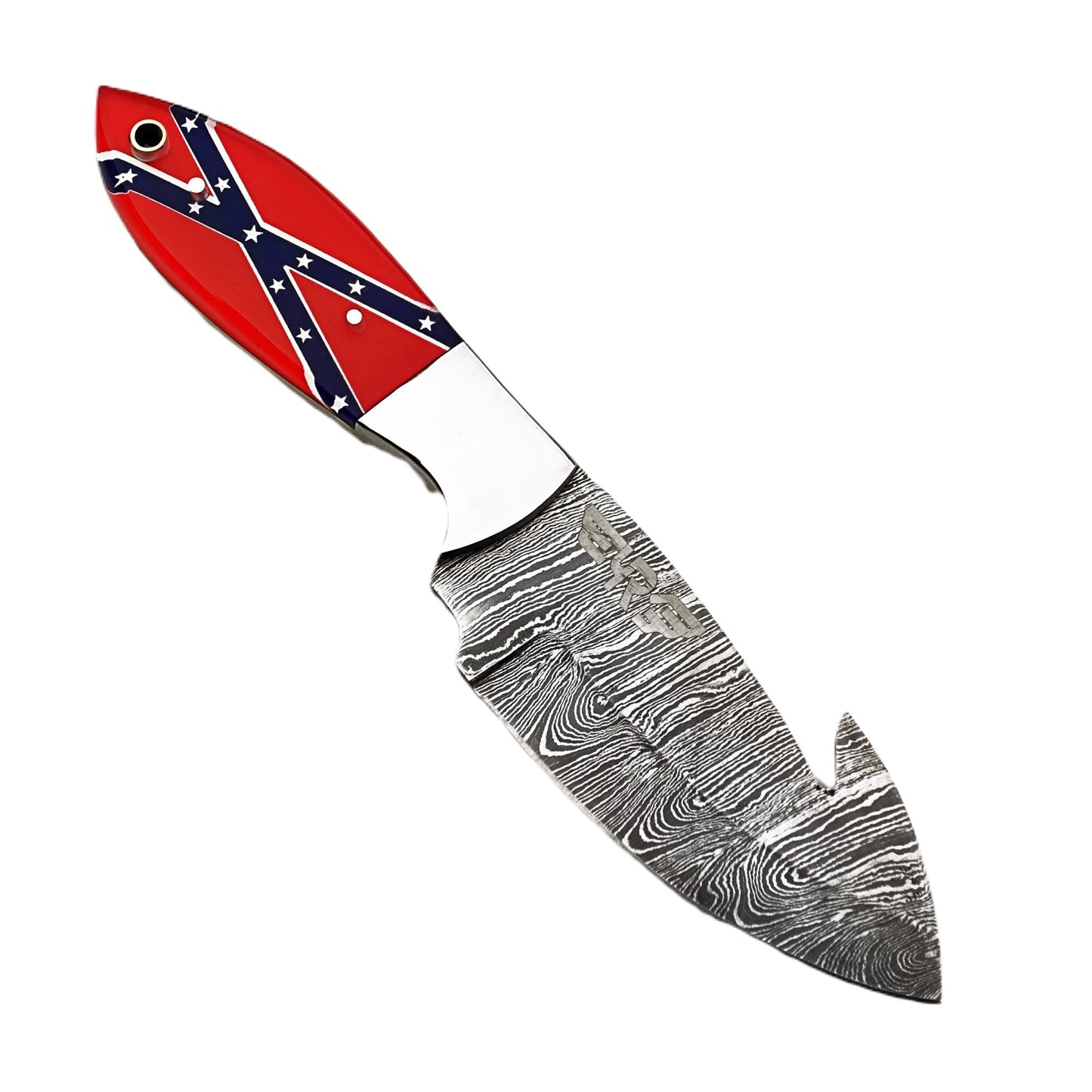 Ruddock Bros fixed blade knife with plastic resin handle with rebel flag design and Damascus steel blade with guthook includes leather sheath Ruddock El Paso Texas