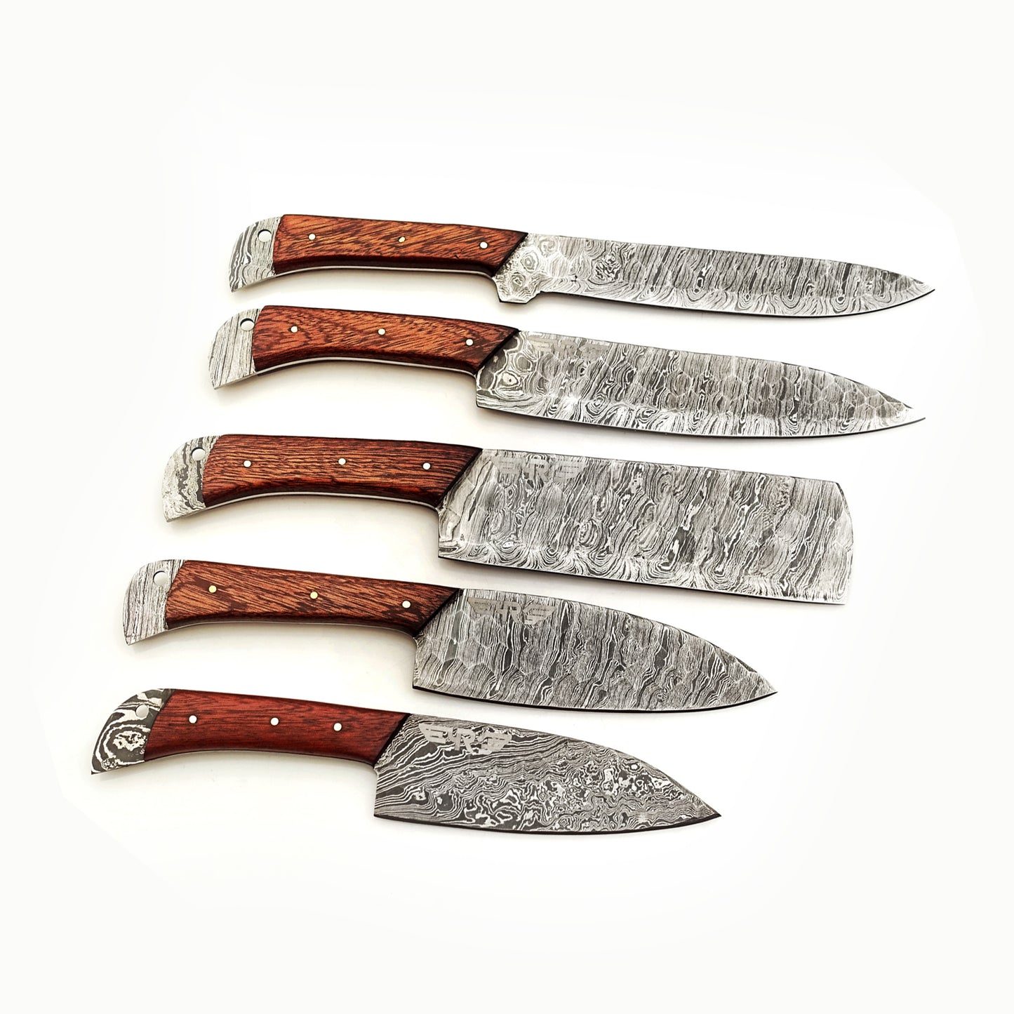 Damascus steel knife 5 piece knife set with rosewood handles by Ruddock Bros El Paso Texas Ruddock Shirts with leather carry pouch