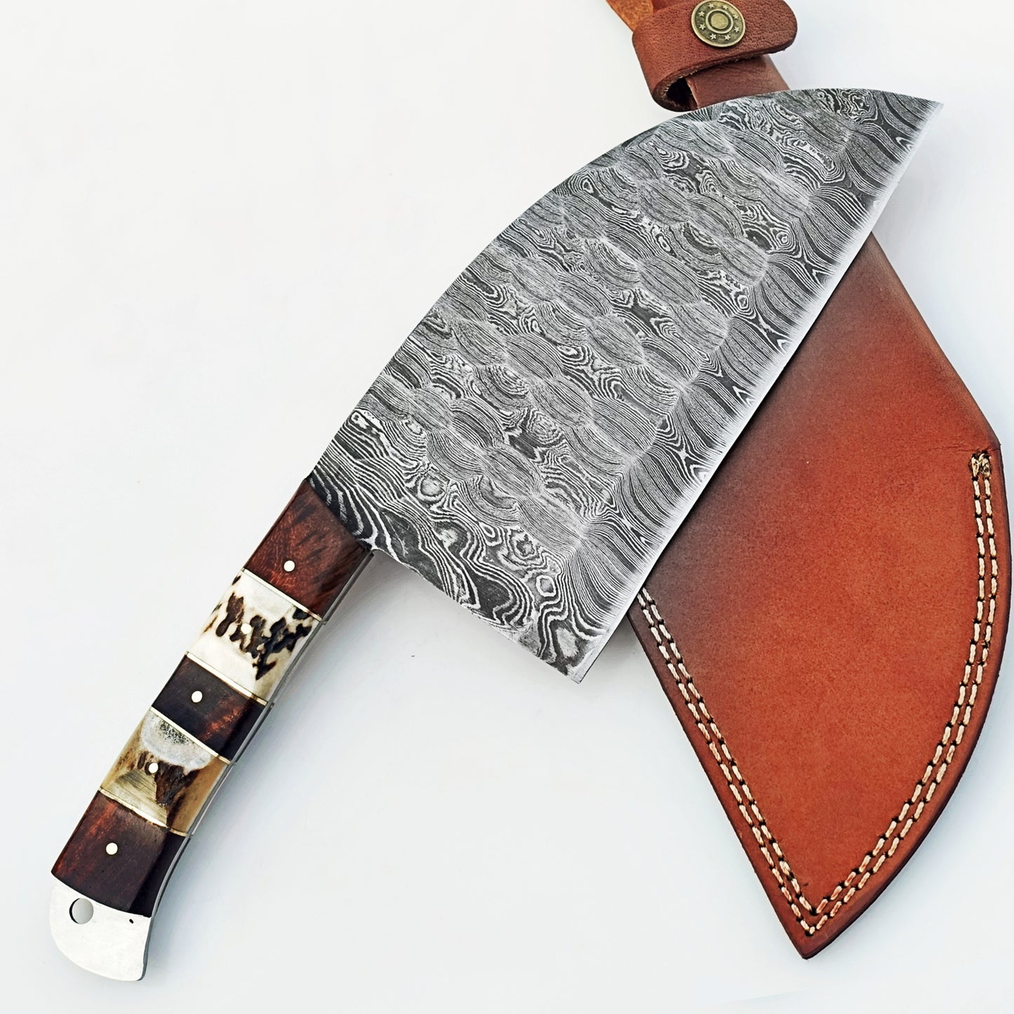 Serbian cleaver in Damascus steel with horn bone and wood handle by Ruddock Bros