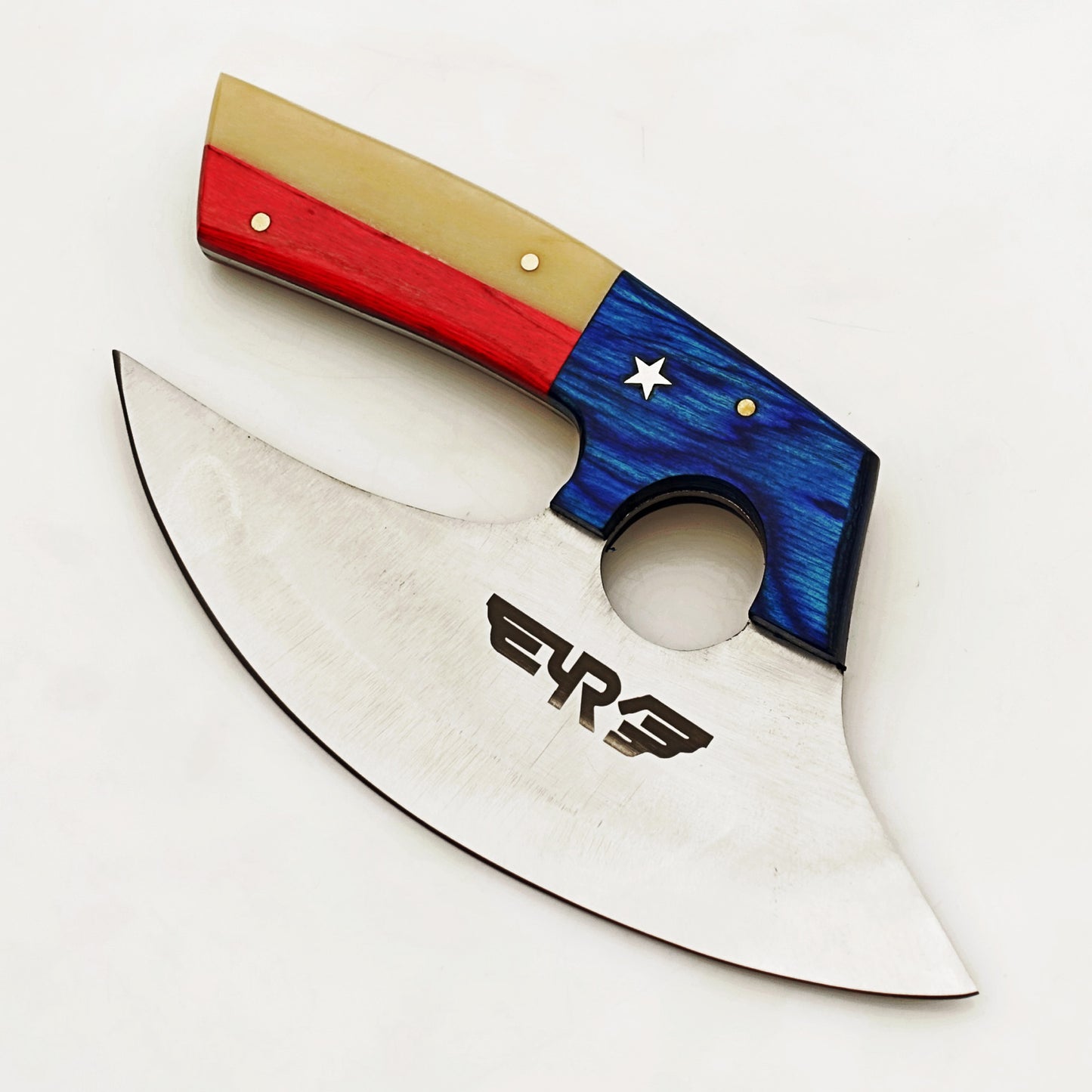 Stainless steel ulu rounded blade knife with lone star handle made with bone and hardwood by Ruddock Bros El Paso Texas Ruddock Shirts with leather carry pouch
