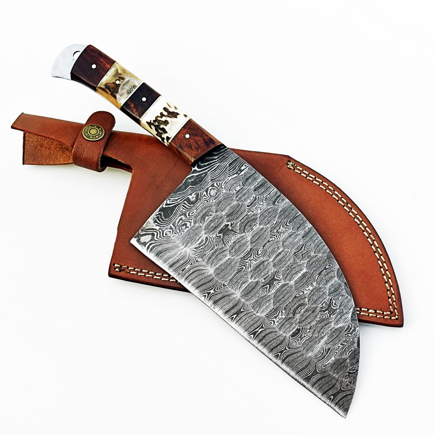 Serbian cleaver in Damascus steel with horn bone and wood handle by Ruddock Bros