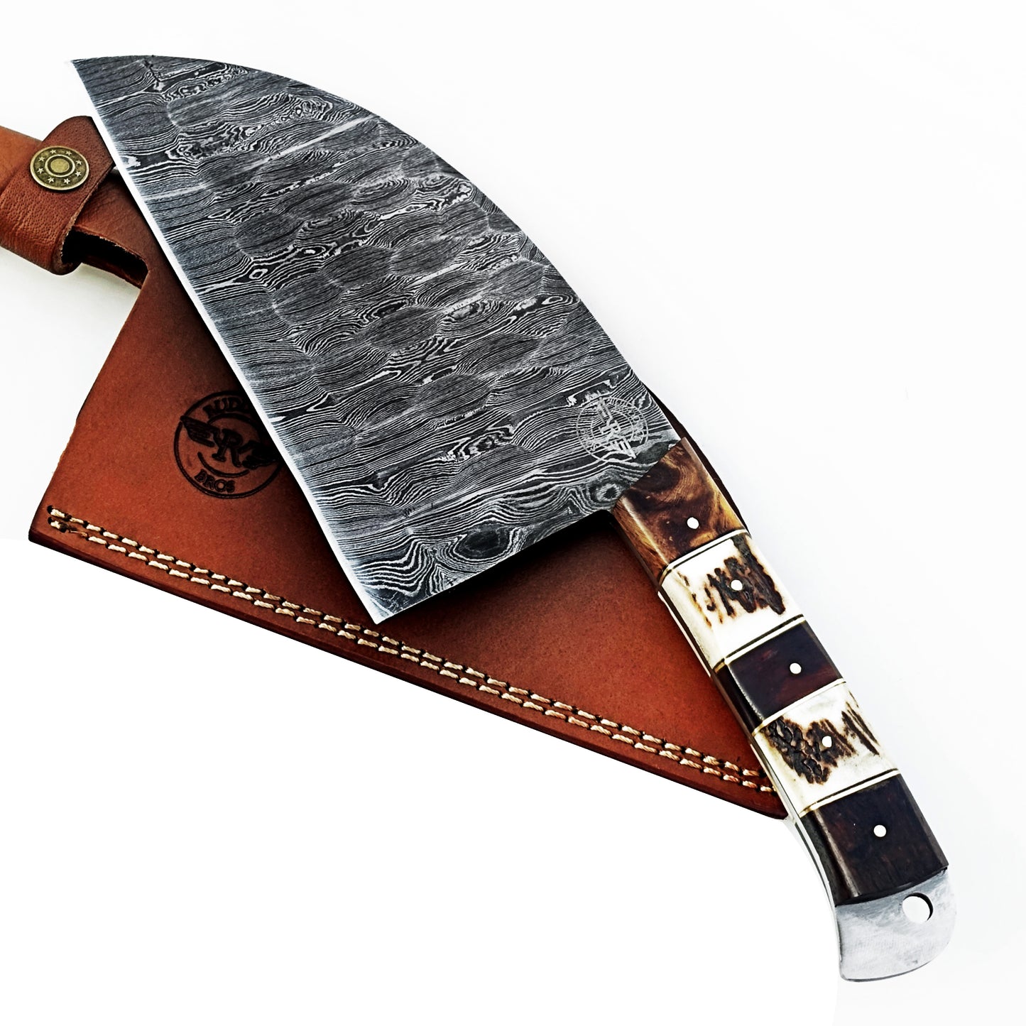 Serbian cleaver in Damascus steel with horn bone and wood handle by Ruddock Bros