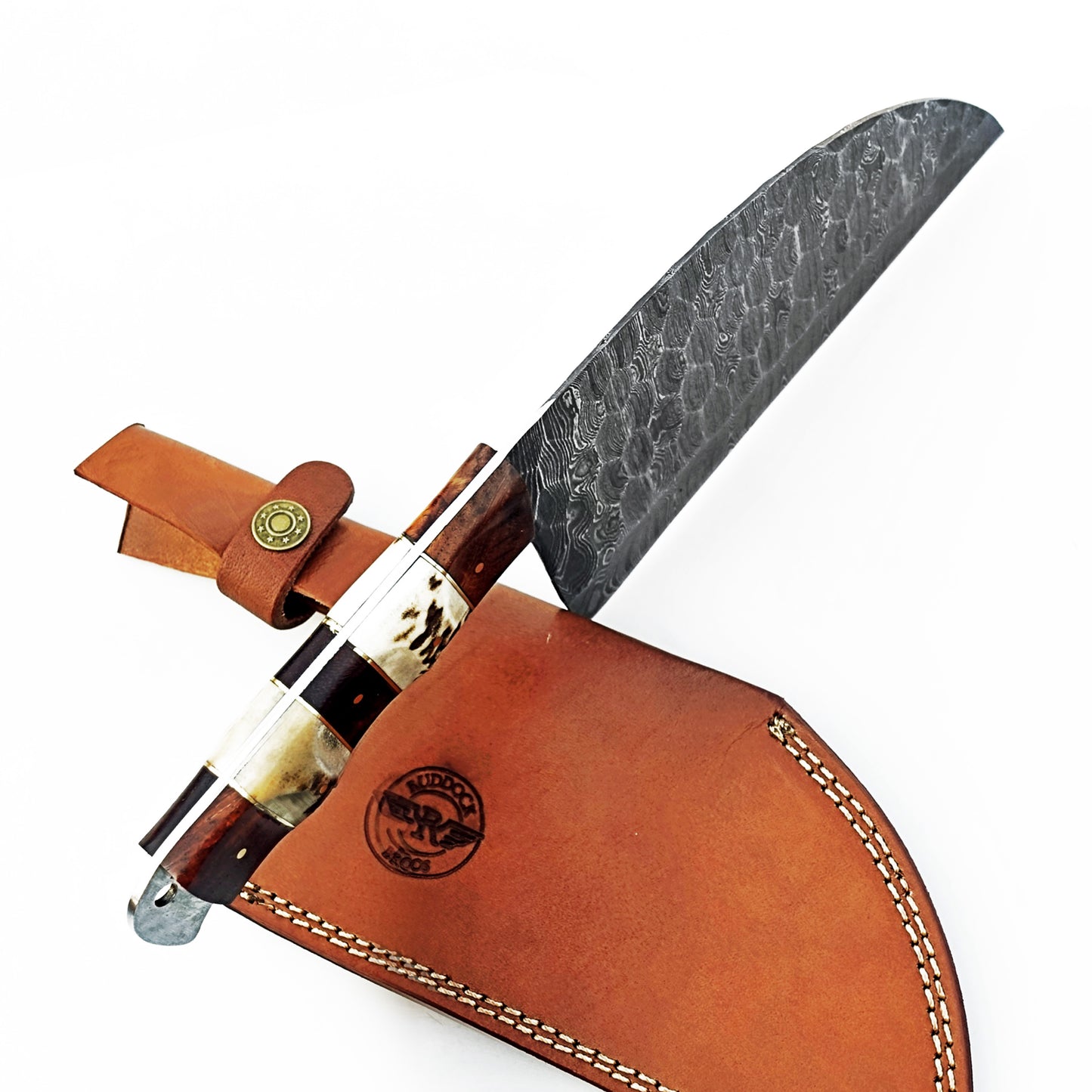 Serbian cleaver in Damascus steel with horn bone and wood handle by Ruddock Bros