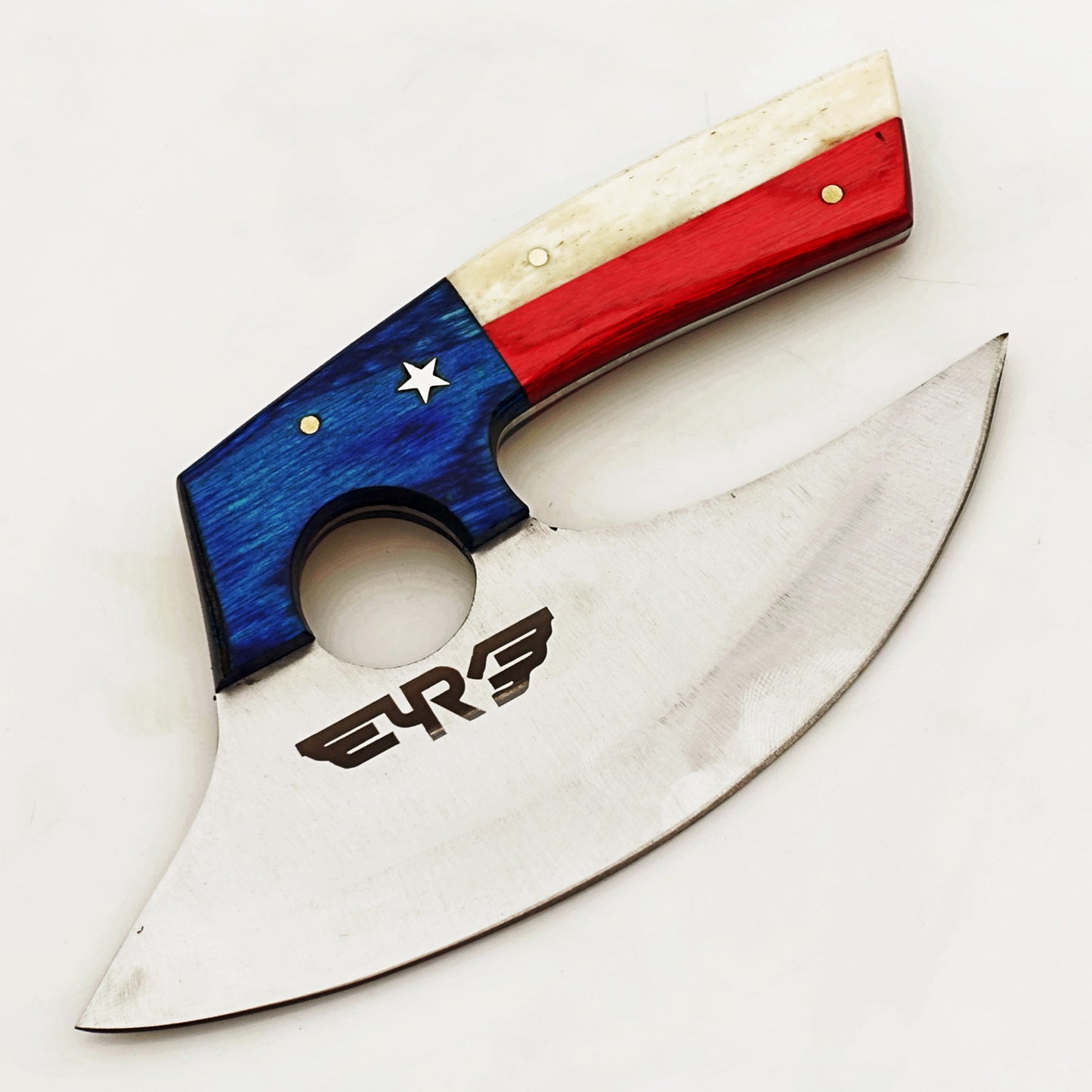 Stainless steel ulu rounded blade knife with lone star handle made with bone and hardwood by Ruddock Bros El Paso Texas Ruddock Shirts with leather carry pouch