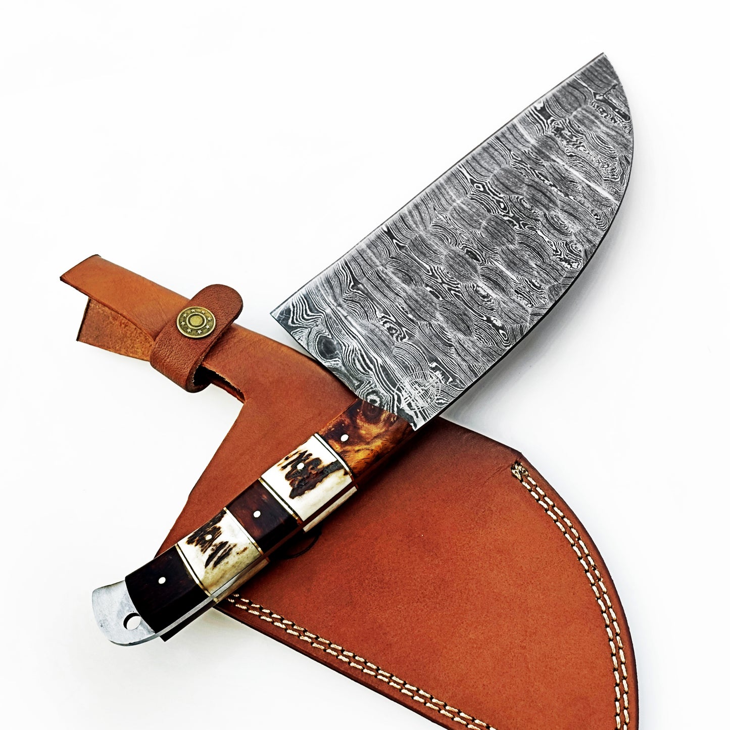 Serbian cleaver in Damascus steel with horn bone and wood handle by Ruddock Bros