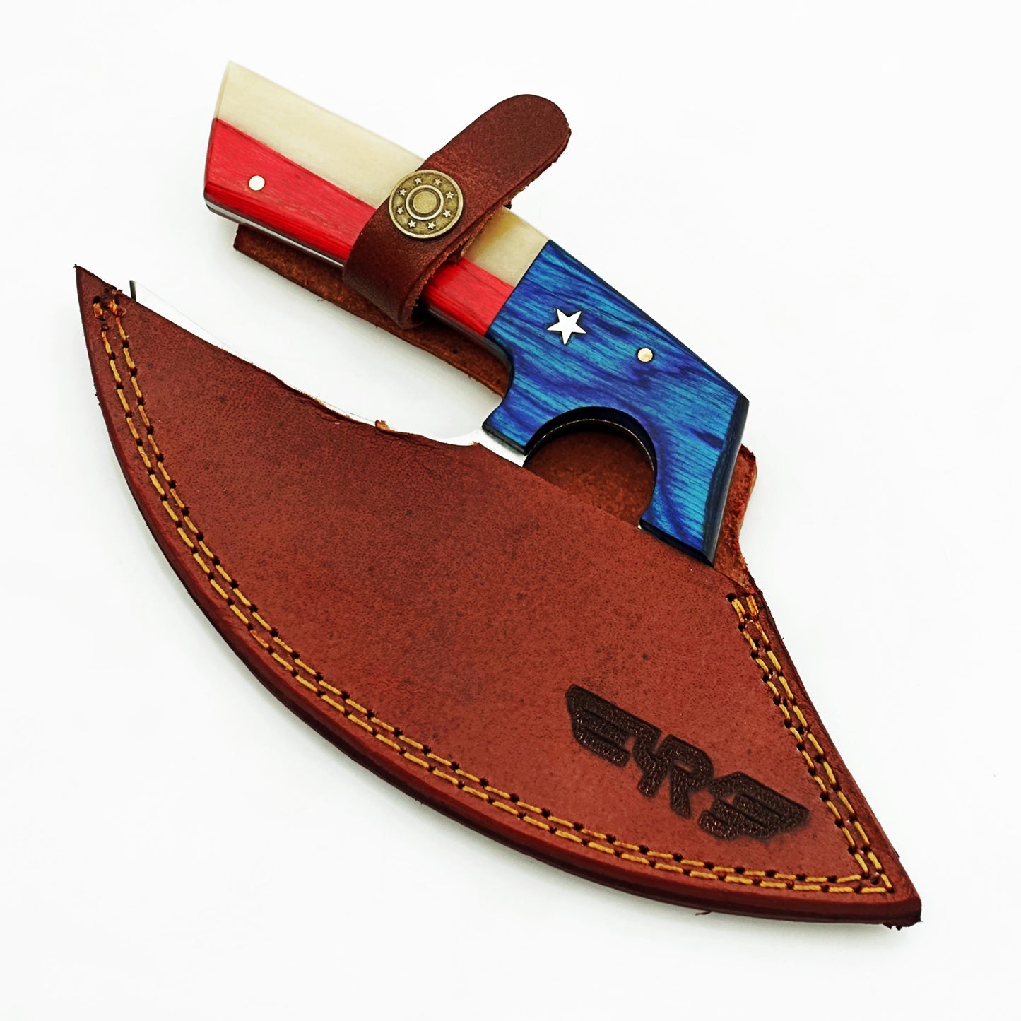 Stainless steel ulu rounded blade knife with lone star handle made with bone and hardwood by Ruddock Bros El Paso Texas Ruddock Shirts with leather carry pouch