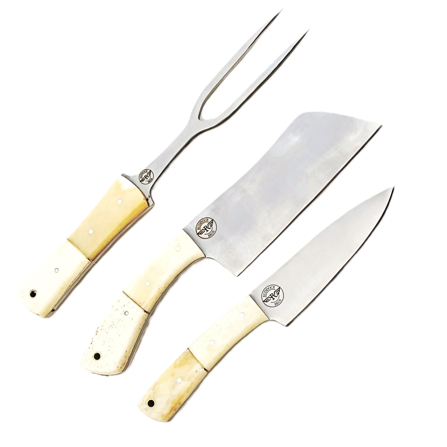 Ruddock Bros 3 piece carving set with natural bone handles and stainless Steel blades Ruddock El Paso Texas