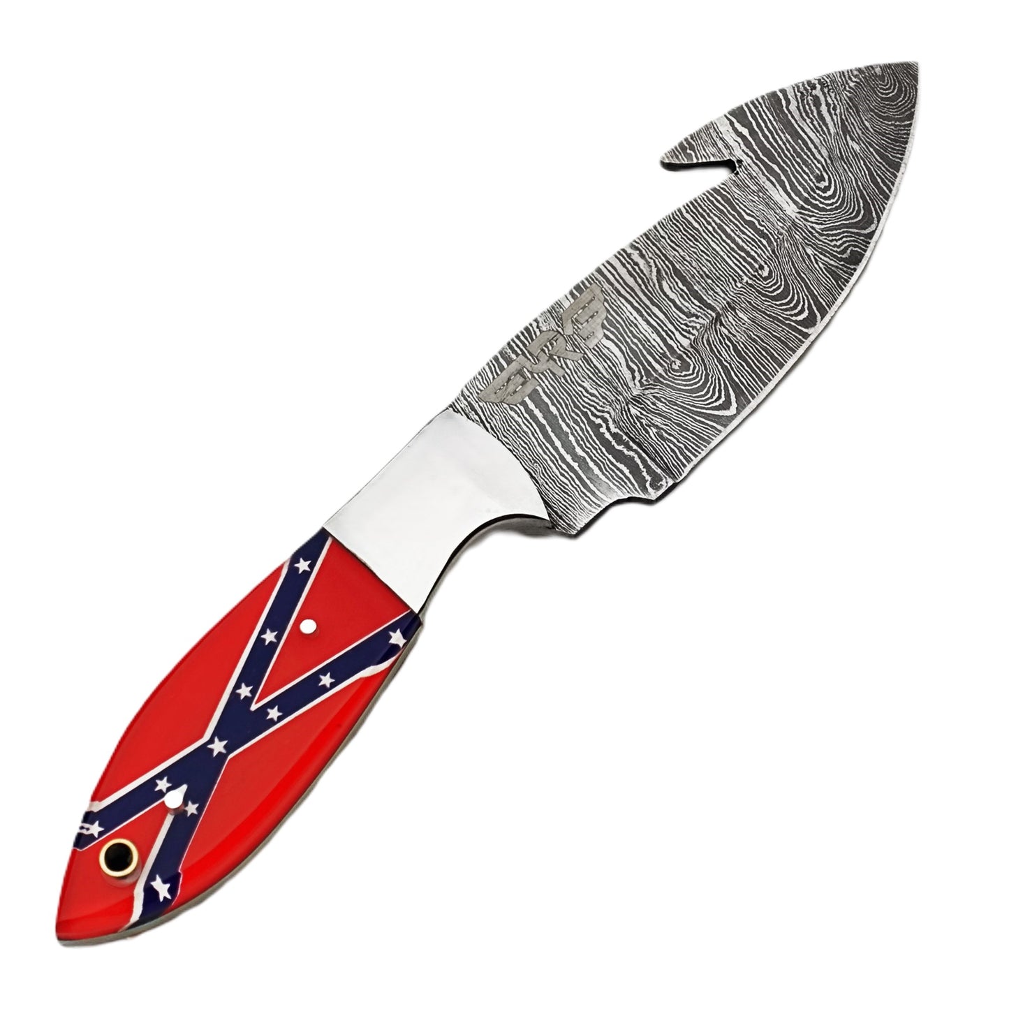 Ruddock Bros fixed blade knife with plastic resin handle with rebel flag design and Damascus steel blade with guthook includes leather sheath Ruddock El Paso Texas