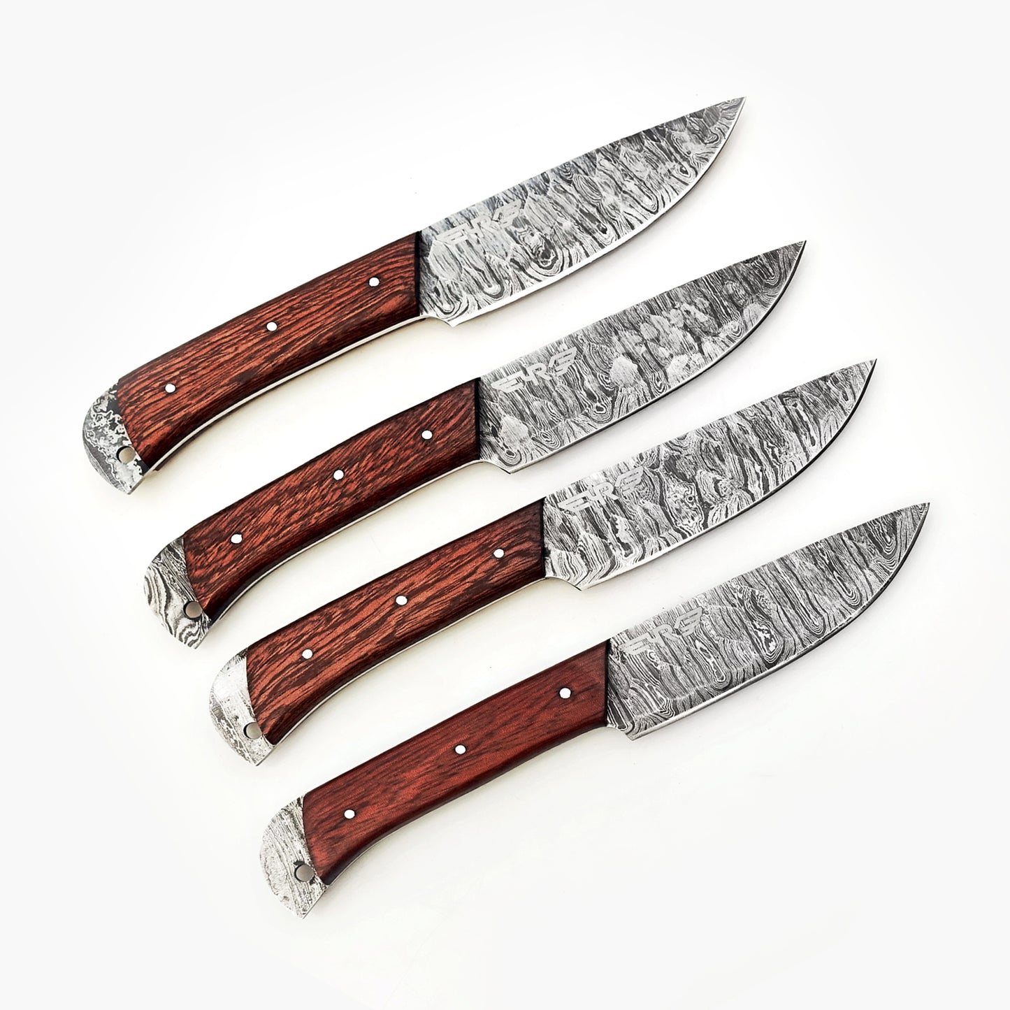 Ruddock Bros 4 piece steak knife set with natural brown hardwood handle and Damascus steel blade Ruddock El Paso Texas