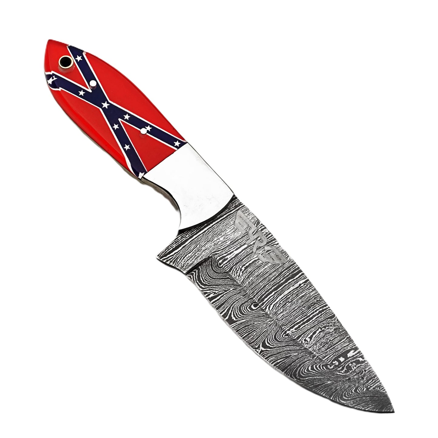 Ruddock Bros fixed blade knife with plastic resin handle with rebel flag design and Damascus steel blade includes leather sheath Ruddock El Paso Texas
